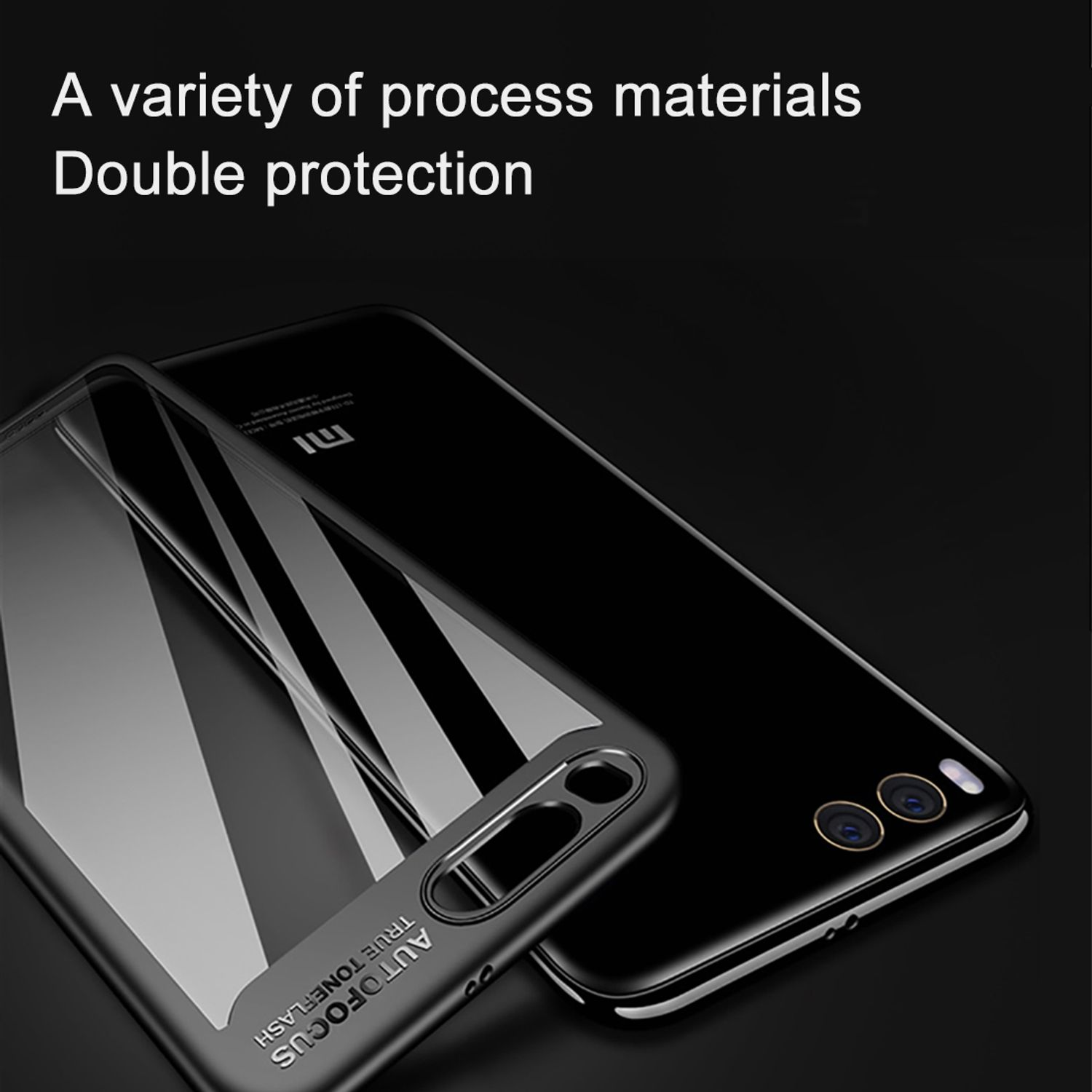 Schwarze Handyhülle mit transparenter Abdeckung und schwarzem Telefon. Text: 'A variety of process materials'.