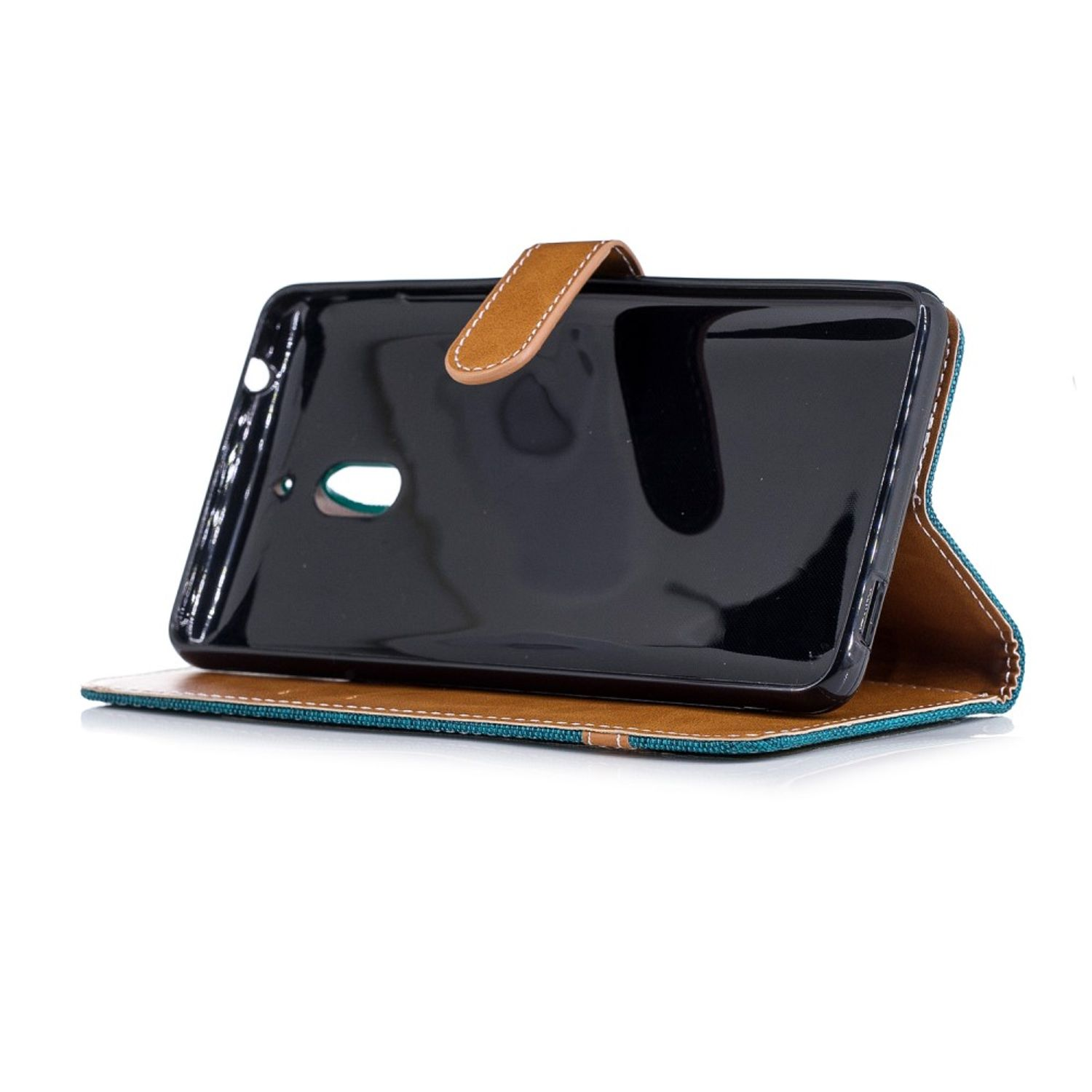 Eine schwarze Handyhülle mit einer braunen Lederklappe. Die Hülle ist geöffnet und gibt das Telefon im Inneren frei. Auf weißer Oberfläche.