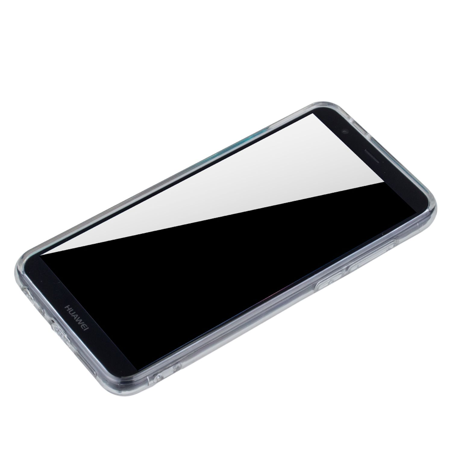 Telefon mit klarer Schutzhülle, zeigt den schwarzen Bildschirm des Telefons.