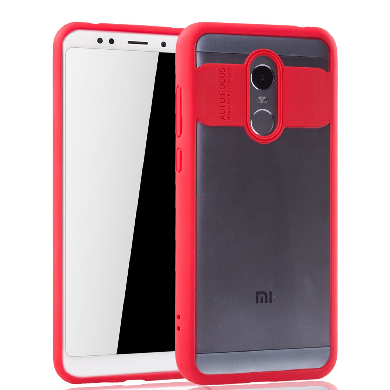 Eine rot-schwarze Handyhülle befindet sich auf einem weißen Handy. Die Hülle hat eine Autofokus-Funktion für die Kamera.