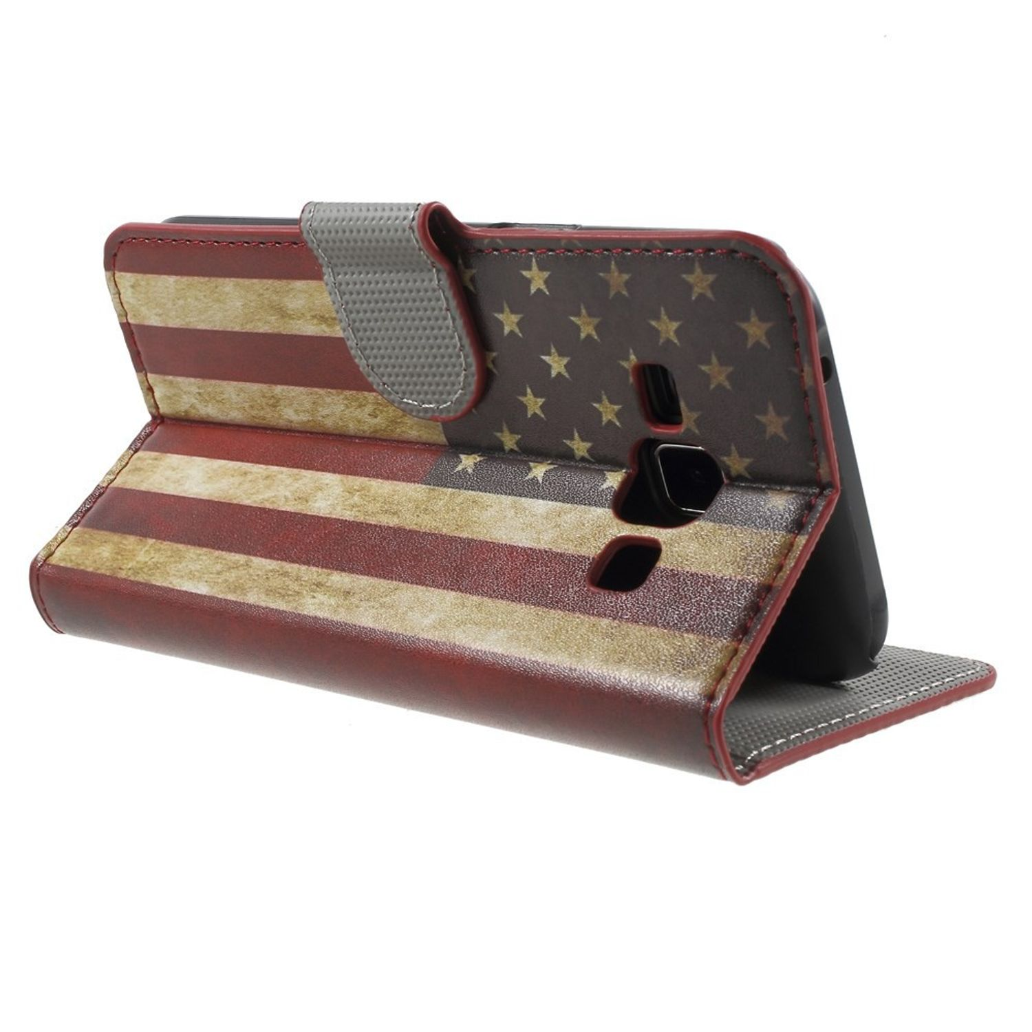 Eine Handyhülle mit amerikanischem Flaggen-Design, auf weißem Untergrund.