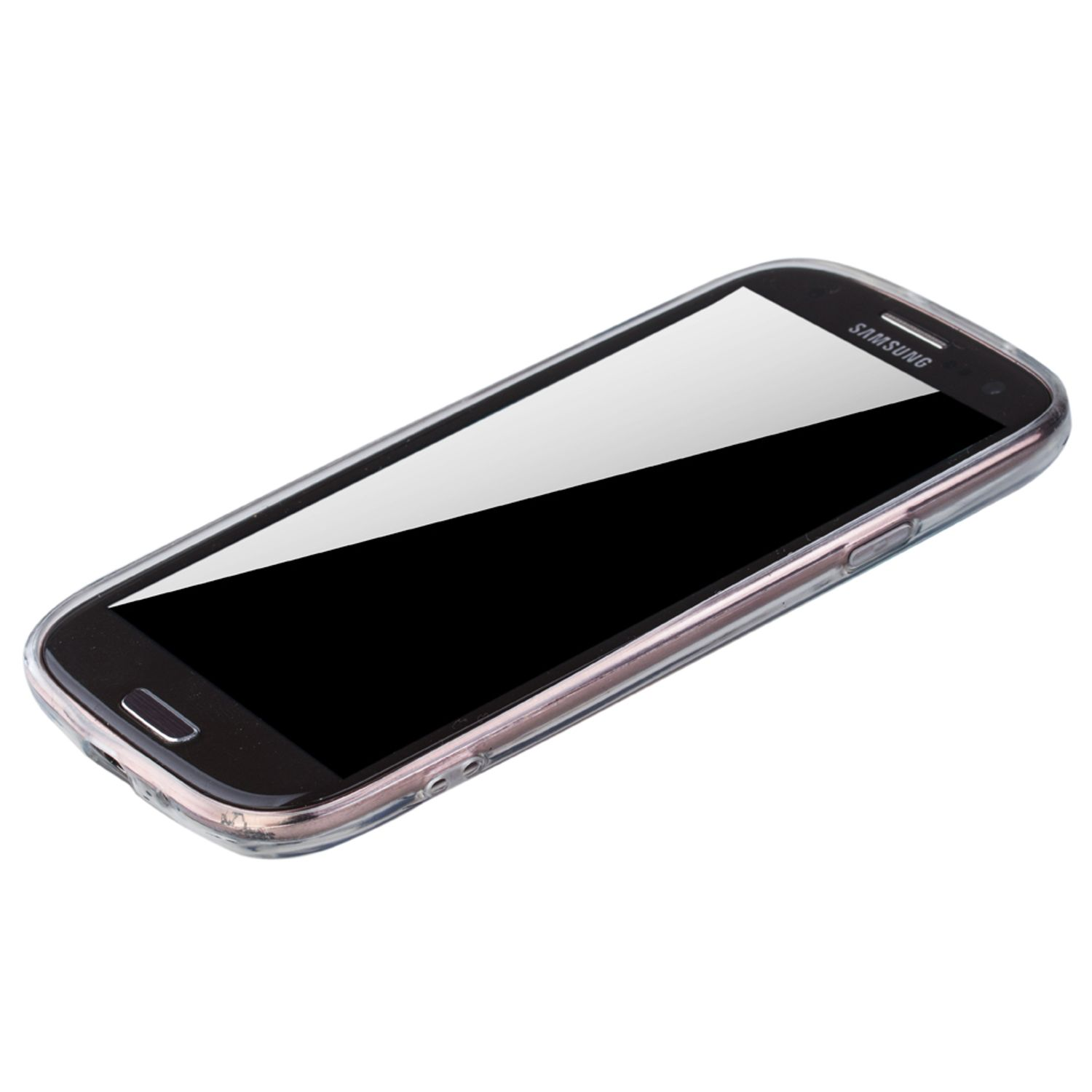 Smartphone mit gewölbtem Bildschirm. Der Bildschirm ist eingeschaltet und zeigt ein dunkles Bild. Weißer Hintergrund.
