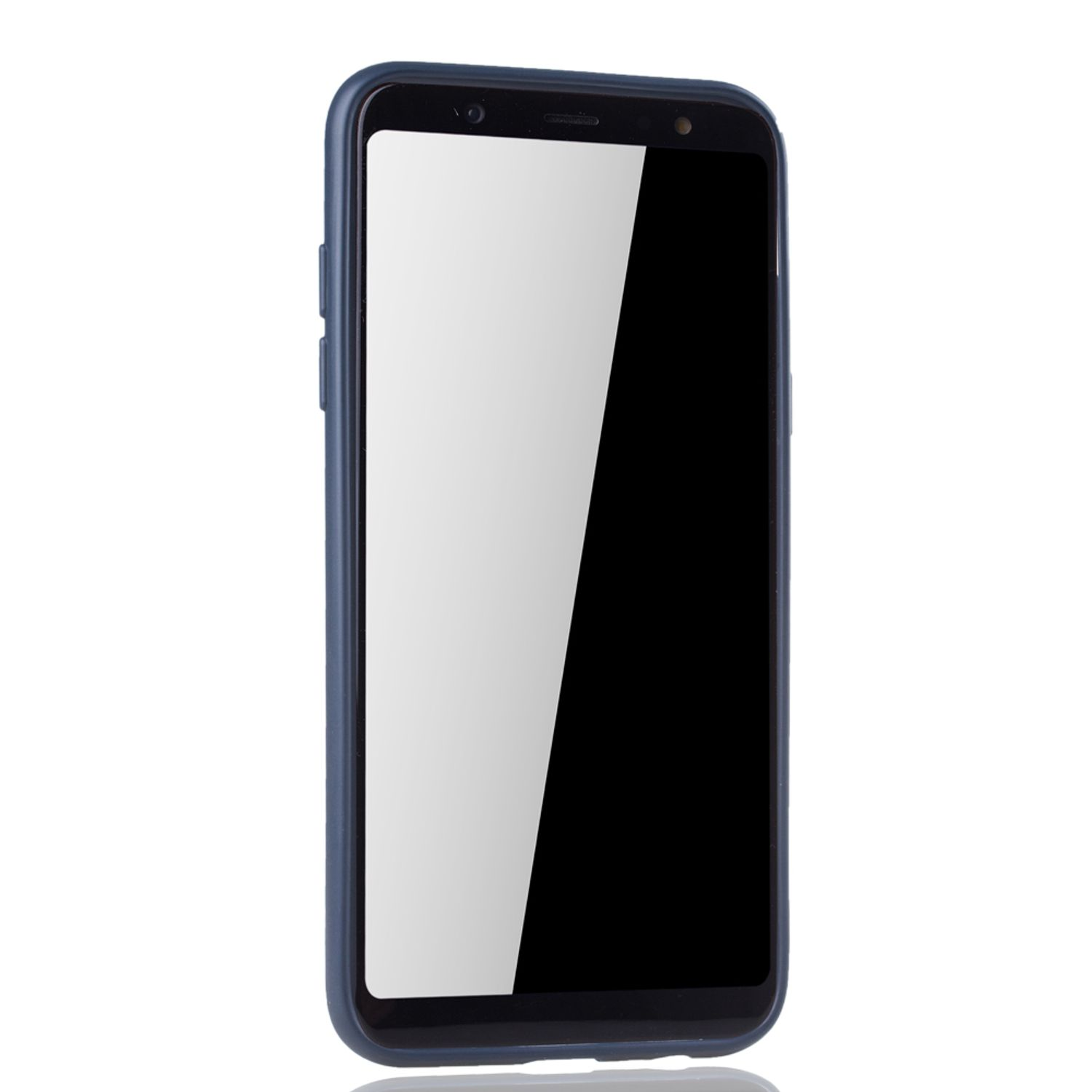 Dunkelblaues Smartphone mit schwarzem Bildschirm. Das Telefon hat einen dunklen Rahmen und einen weißen Hintergrund.