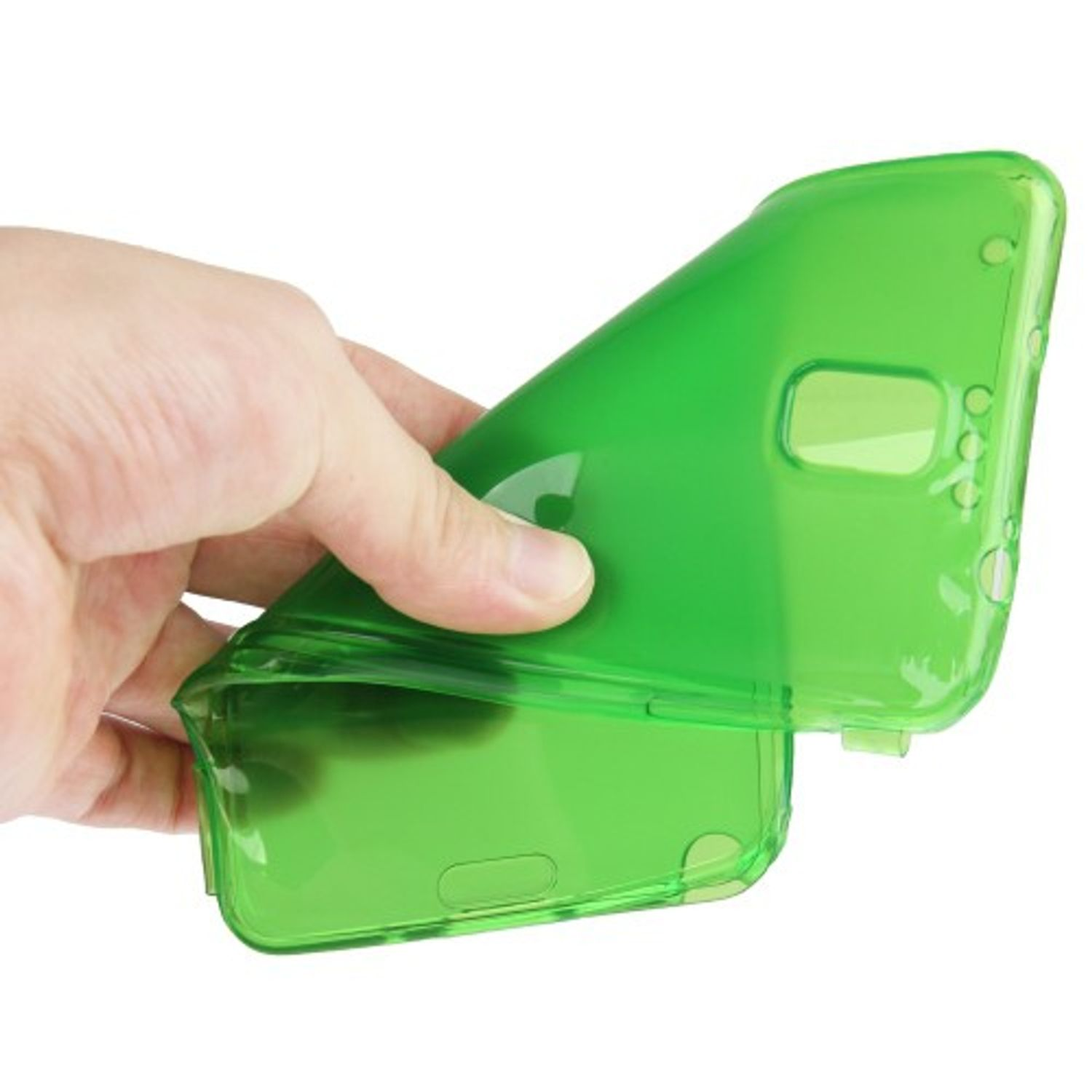 Hand hält eine grüne transparente Handyhülle.