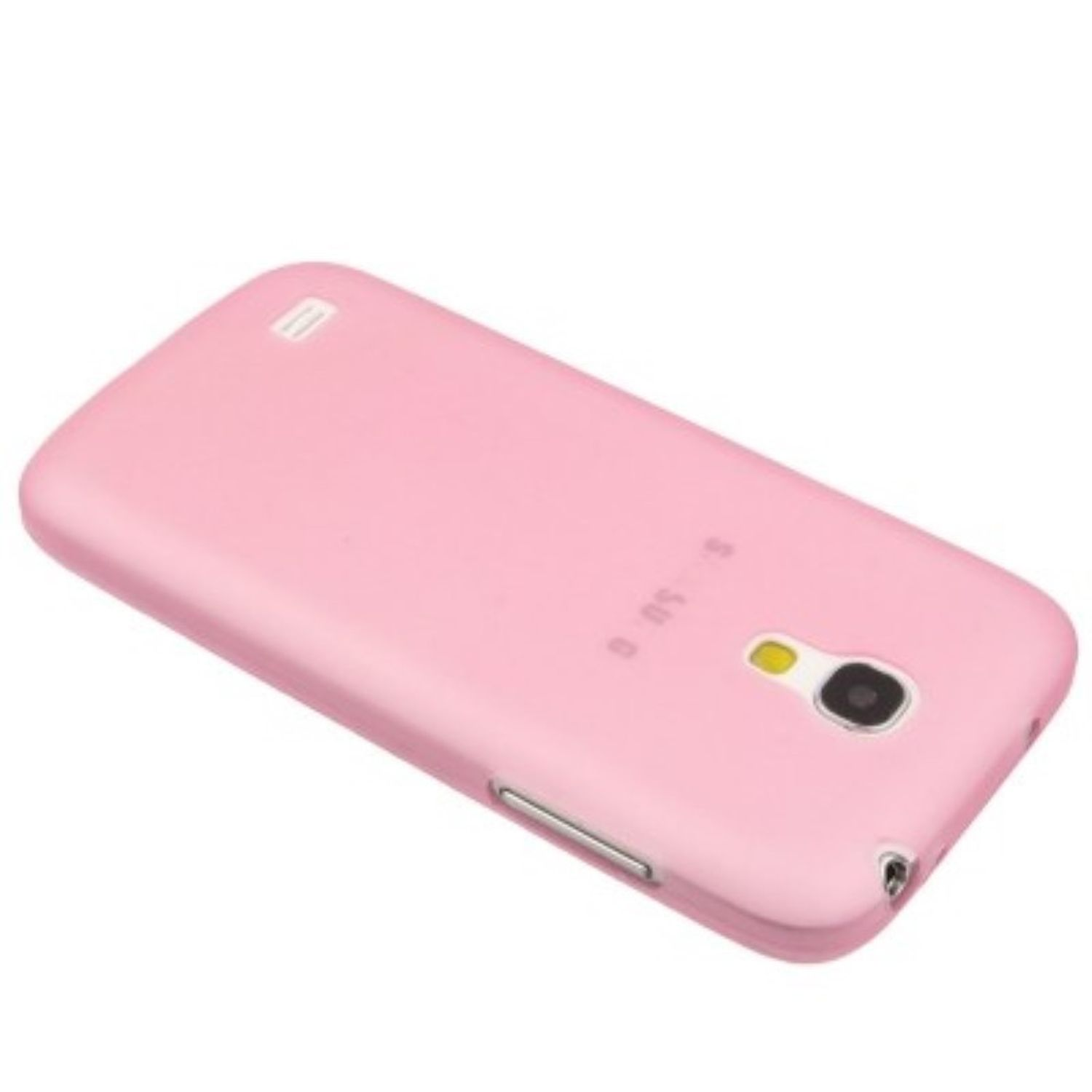 Ein rosa Telefon, Rückansicht, mit Kamera und Samsung-Logo, auf weißem Hintergrund.