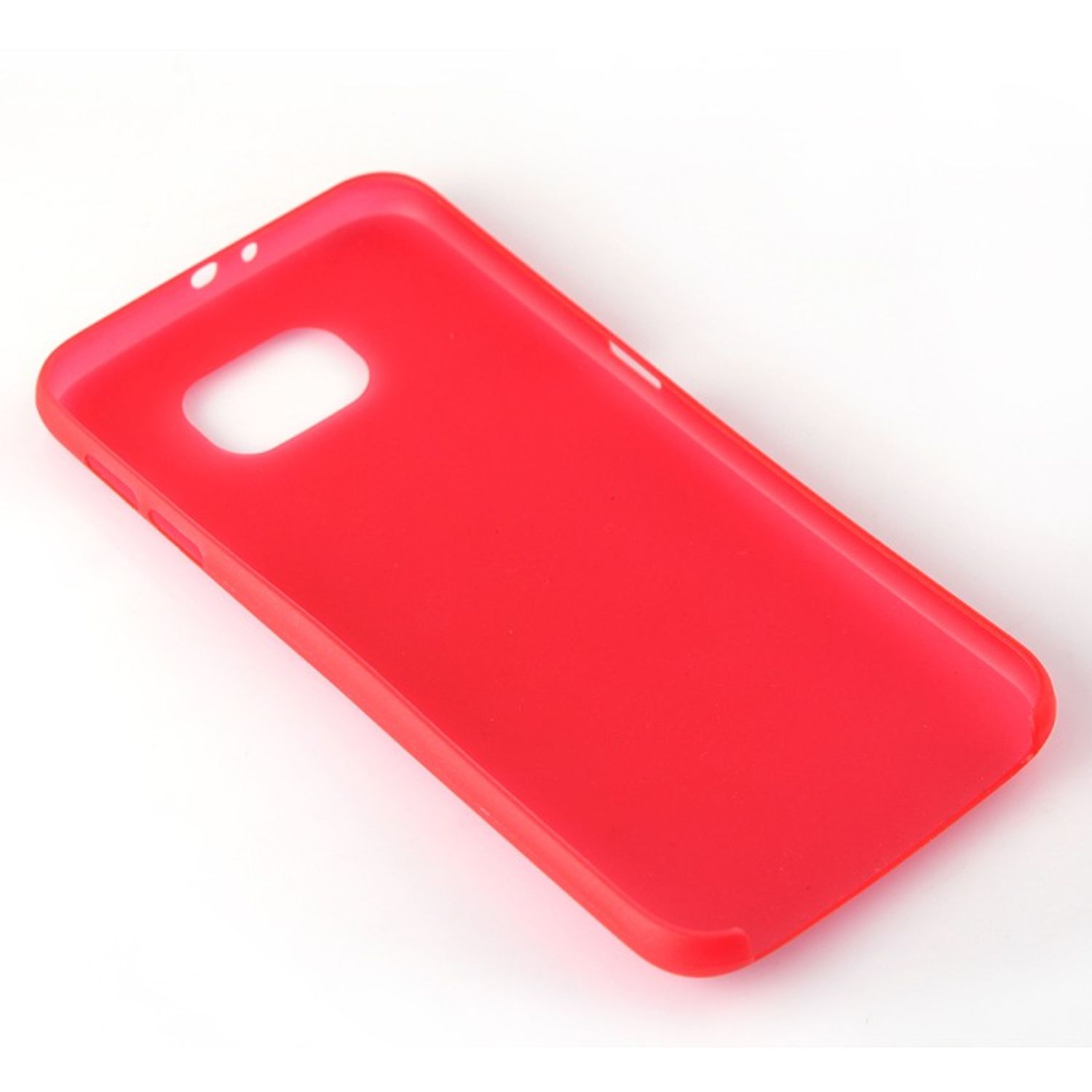 Rote Handyhülle, einfaches Design, auf weißer Oberfläche. Rückseite, Öffnung sichtbar.