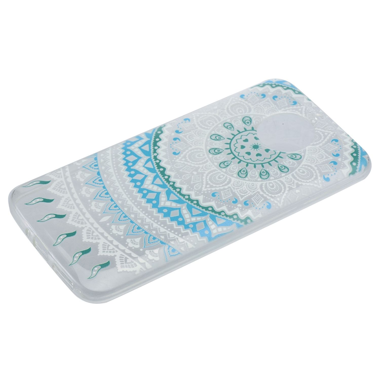 Eine Handyhülle mit einem weißen und blauen Mandala-Design auf transparentem Hintergrund. Auf weißem Grund.