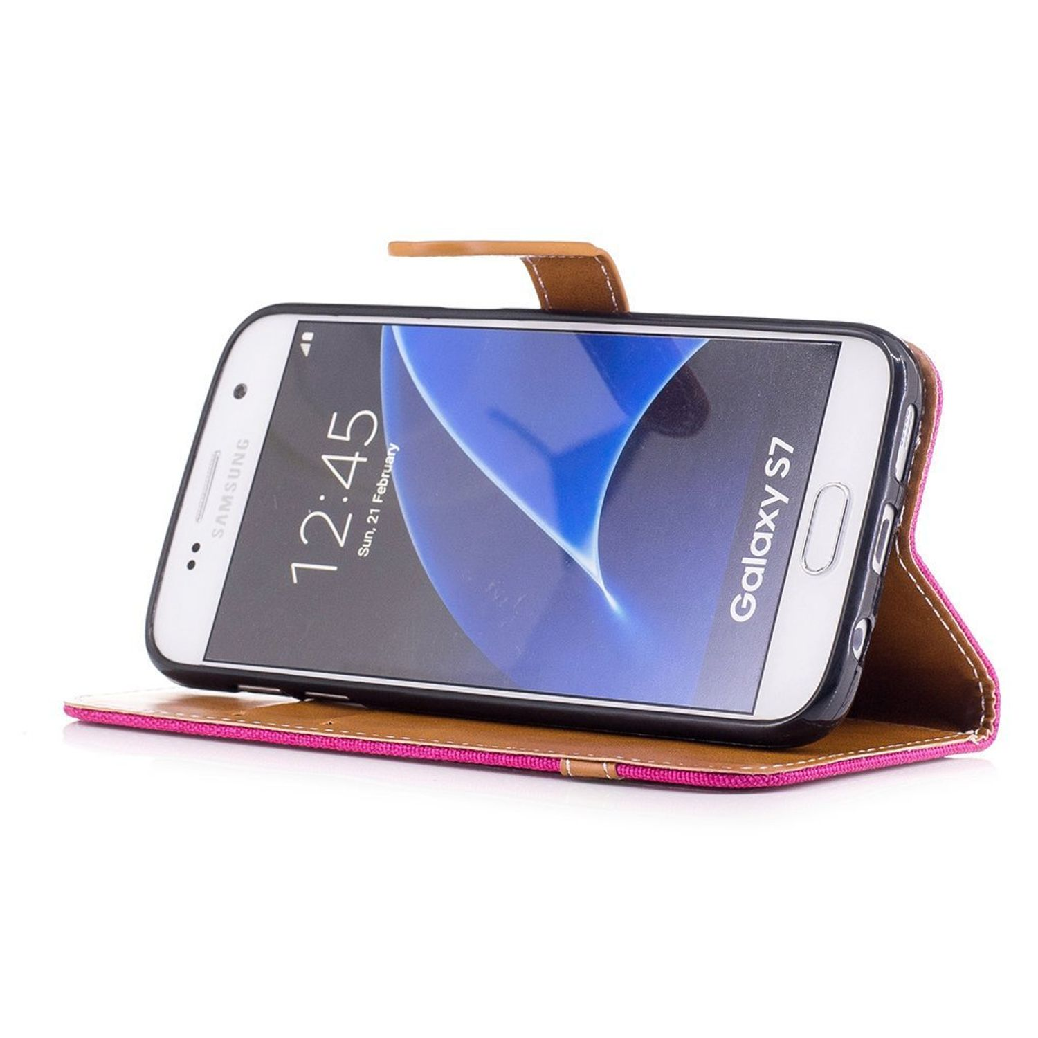 Ein weißes Samsung-Handy in einem rosa-braunen Etui, auf weißem Hintergrund.