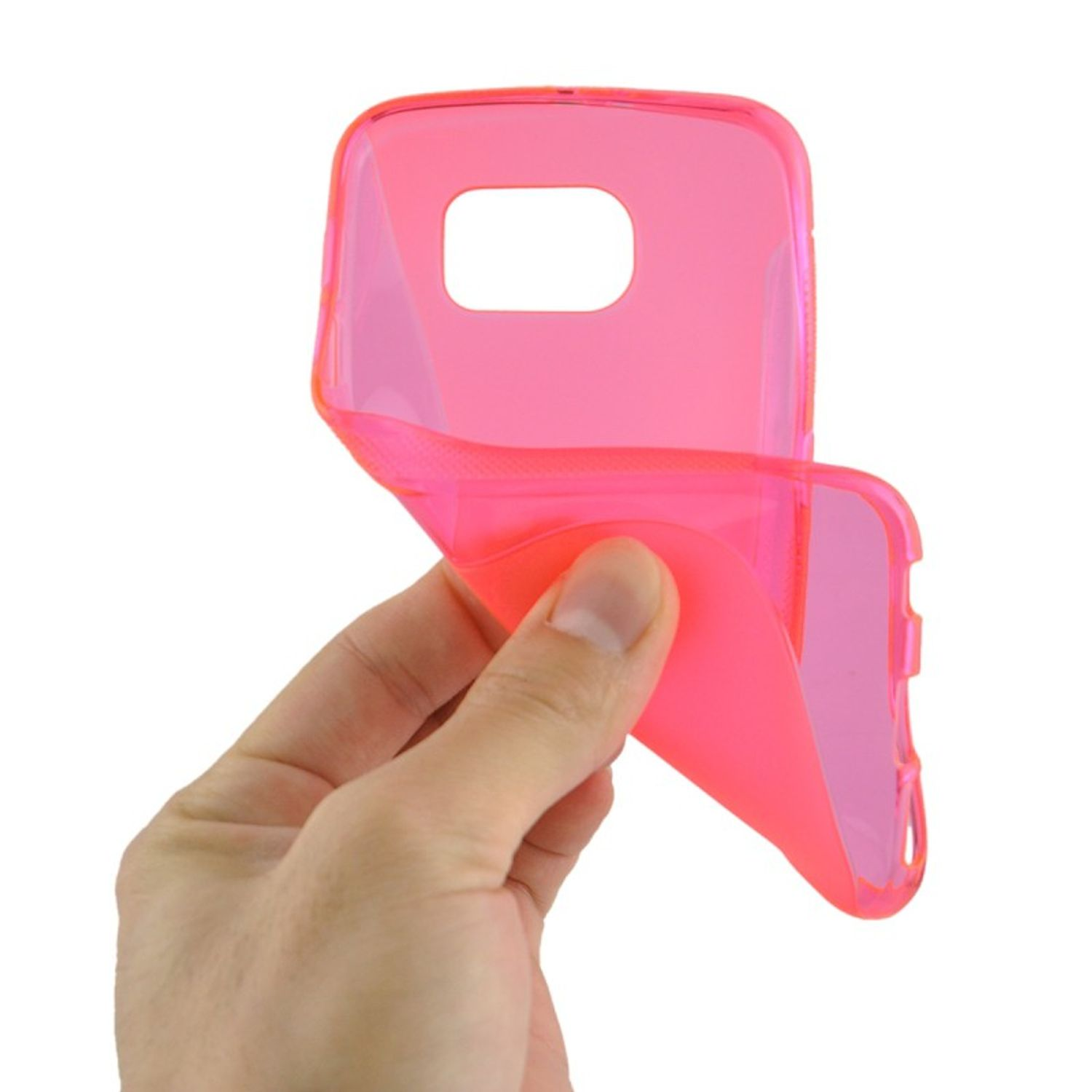 Eine Hand hält eine rosa Handyhülle. Die Hülle ist leicht gebogen und zeigt ihr flexibles Material.