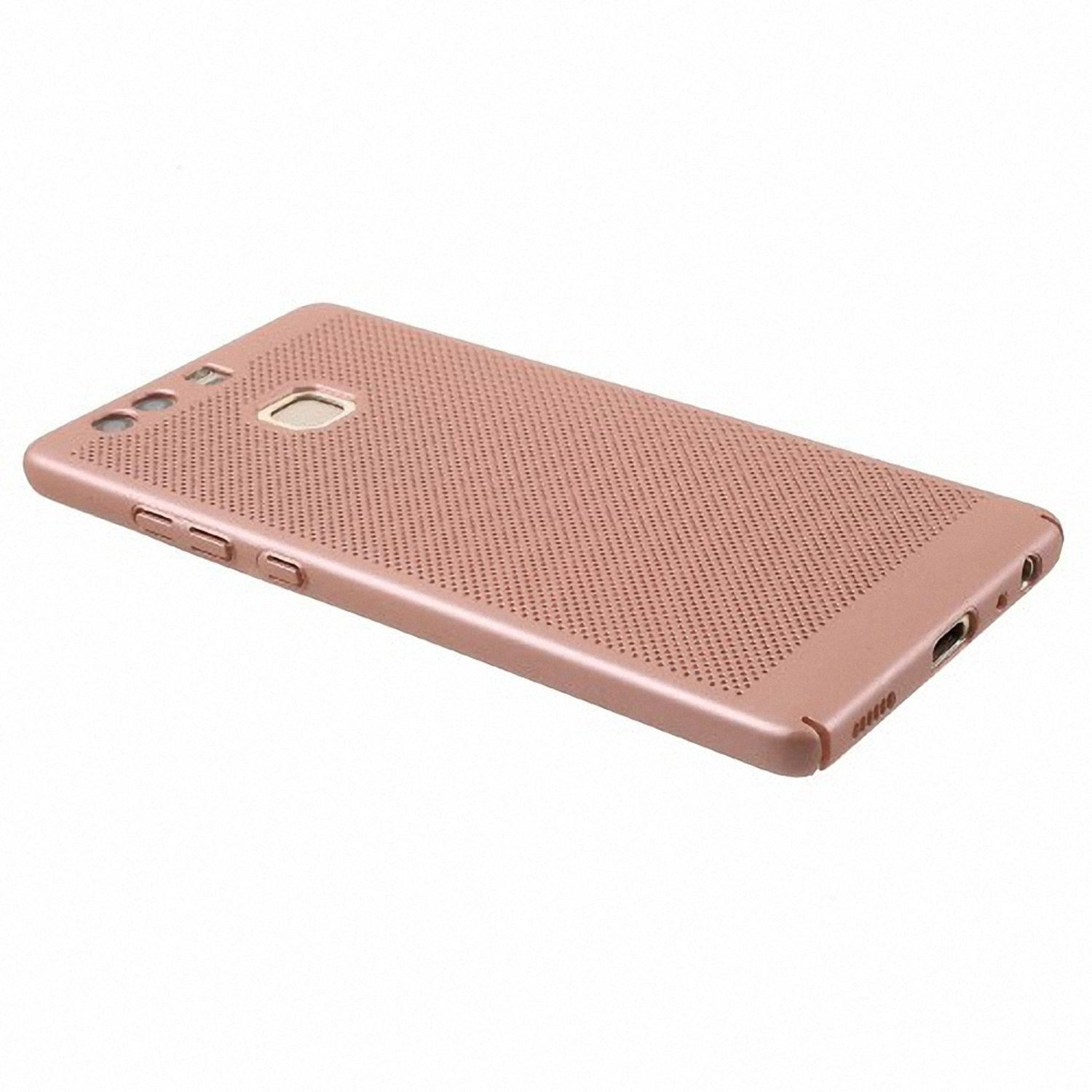 Eine roségoldene Handyhülle. Sie hat ein perforiertes Design. Der Hintergrund ist weiß.