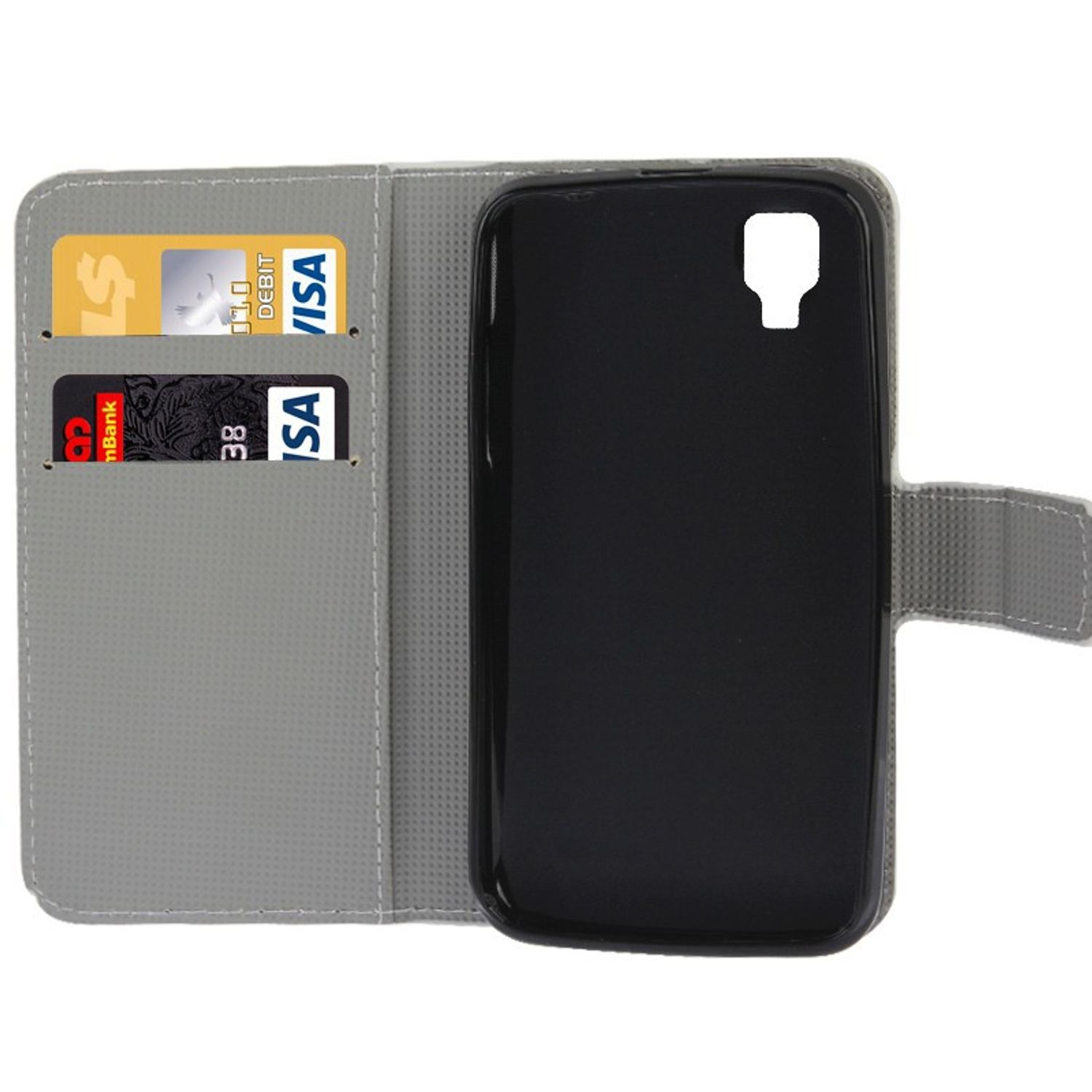 Graues Brieftaschen-Handy-Case mit Karten. Schwarze Handy-Hülle ist rechts.