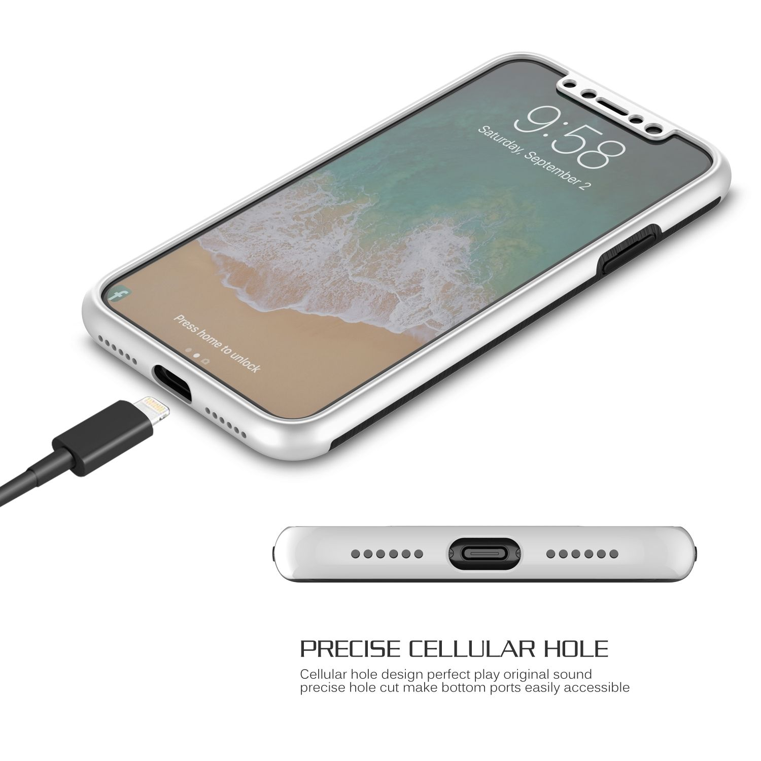 Ein silbernes Telefon wird mit einem schwarzen Ladekabel angeschlossen. Der Bildschirm zeigt die Zeit.