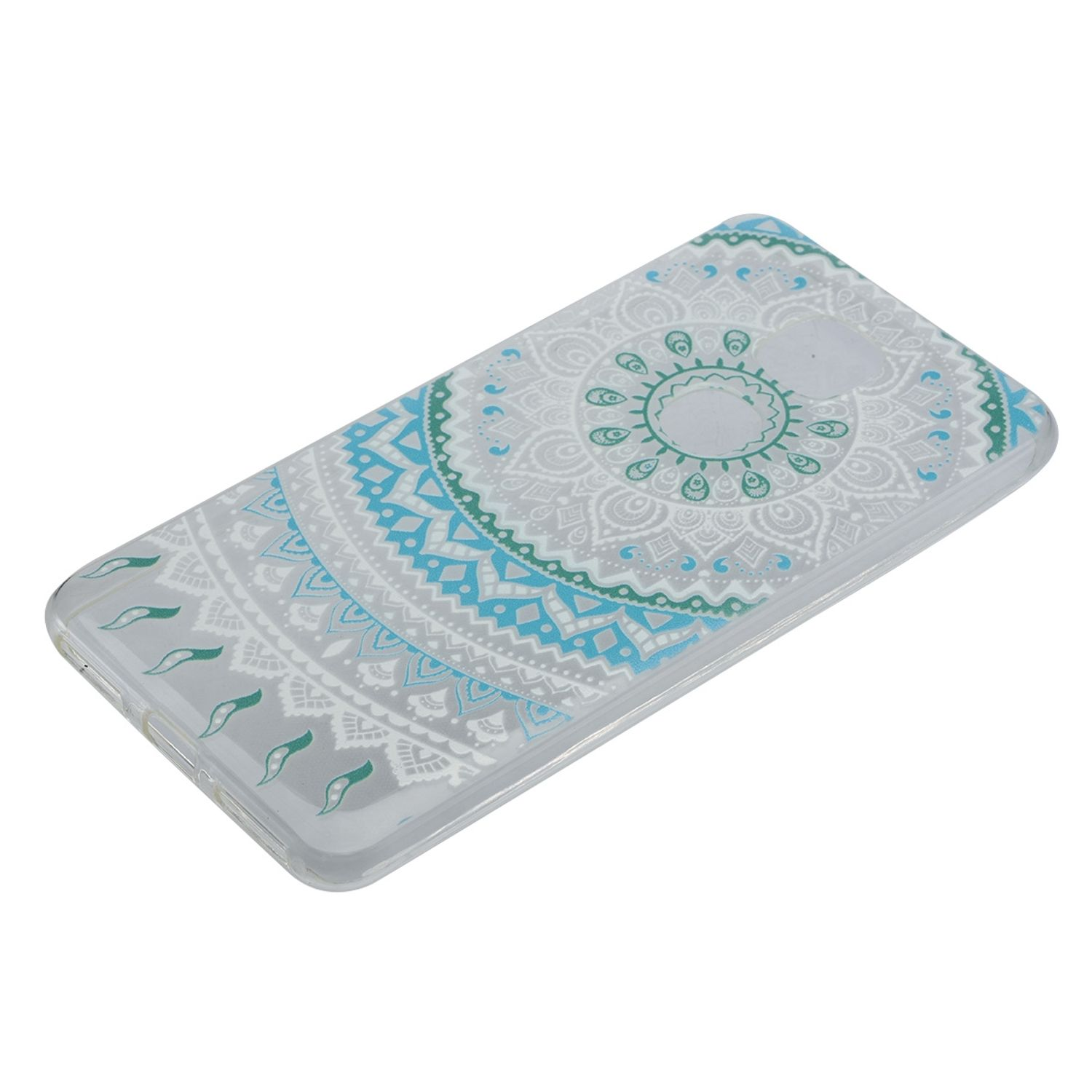 Transparente Handyhülle mit Mandala-Design. Das Design ist hellblau und weiß. Der Hintergrund ist weiß.