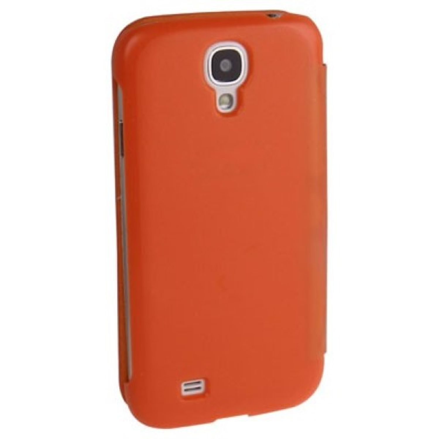 Orangefarbene Handyhülle für ein Telefon. Schräge Ansicht. Weißer Hintergrund.