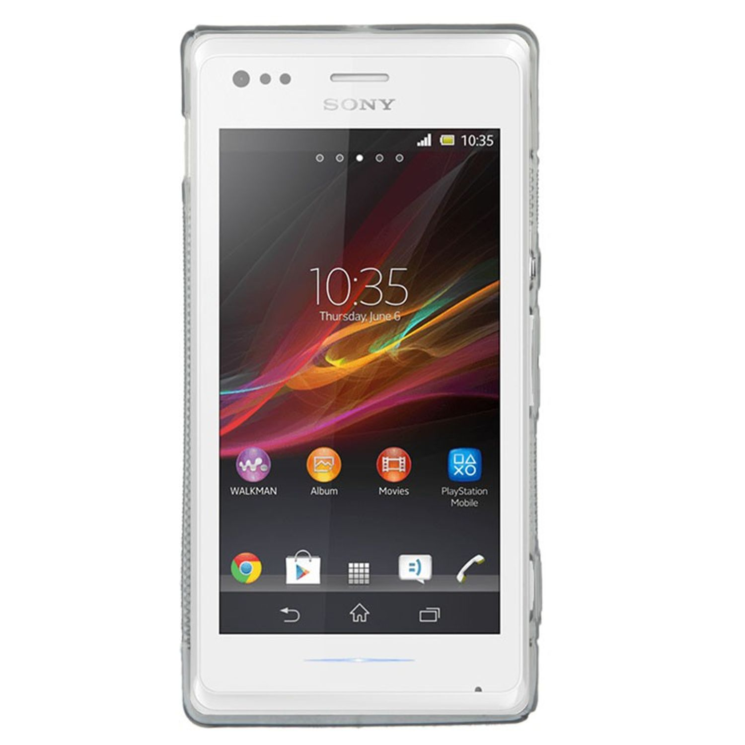 Weißes Sony-Smartphone mit Hülle, zeigt Uhrzeit und App-Symbole. Der Hintergrund ist weiß.