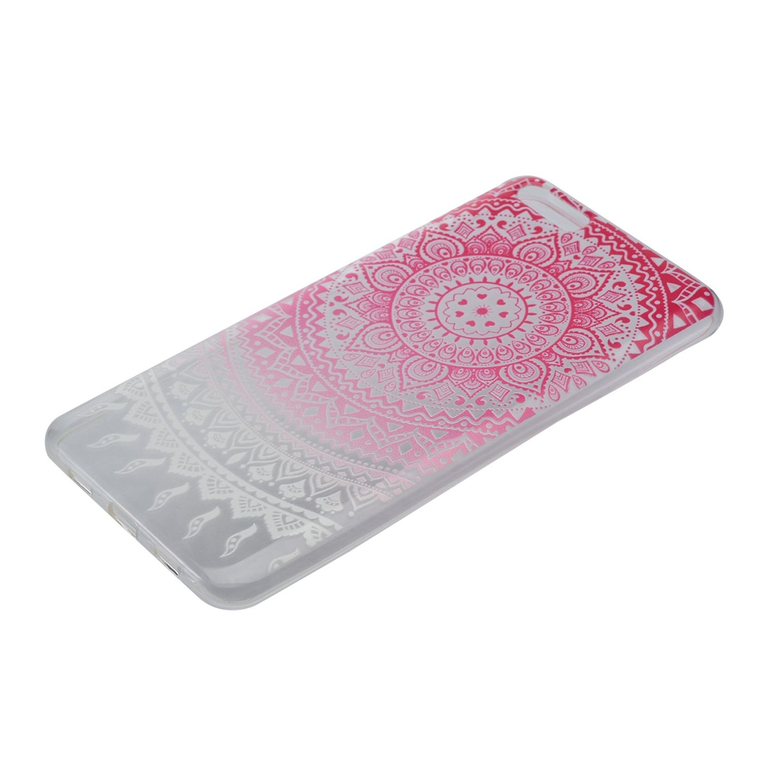 Handyhülle, rosa Mandala-Design, weißer bis rosa Farbverlauf, weißer Hintergrund.
