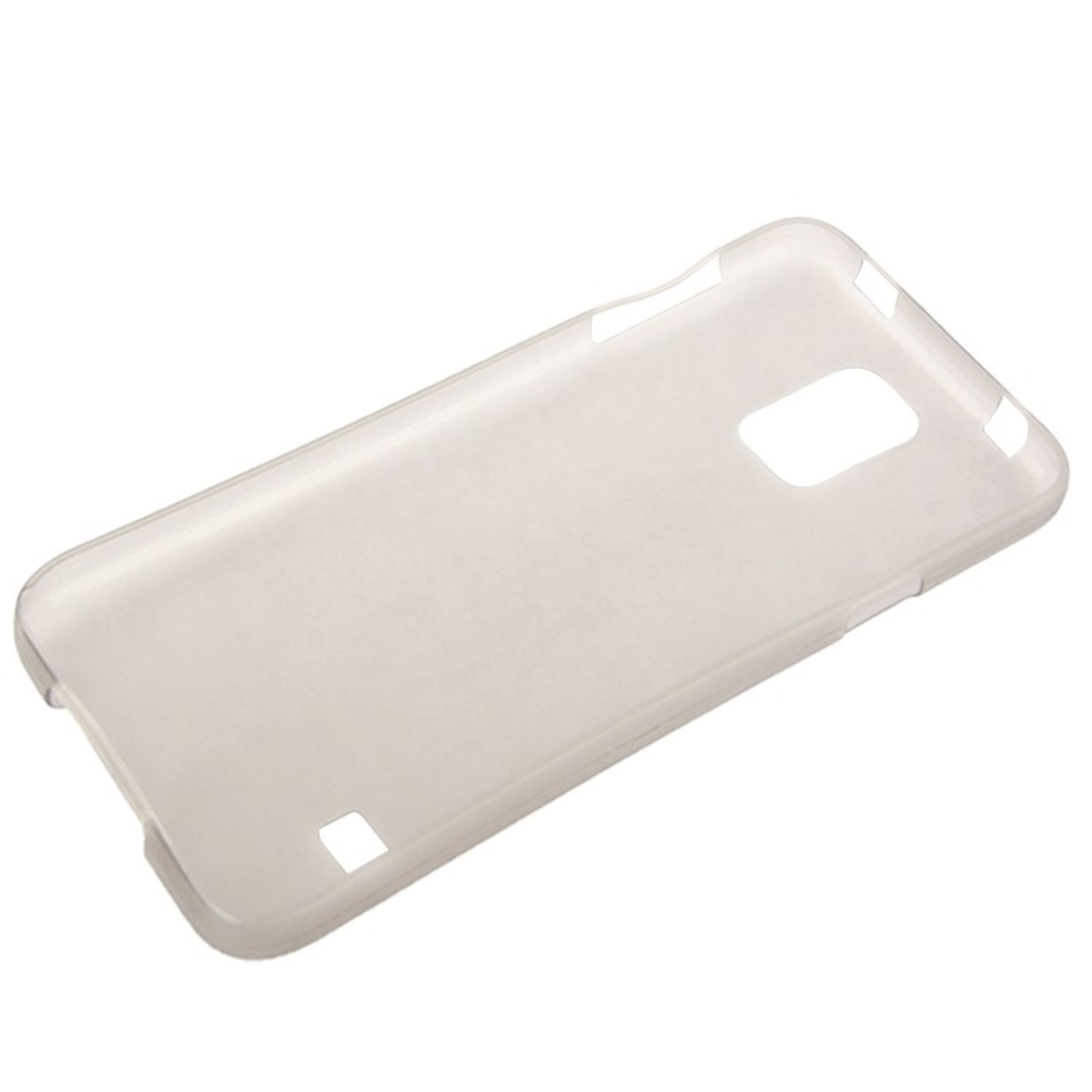 Eine klare, transparente Handyhülle, abgewinkelt. Die Hülle ist schlicht und zeigt die Telefonform.