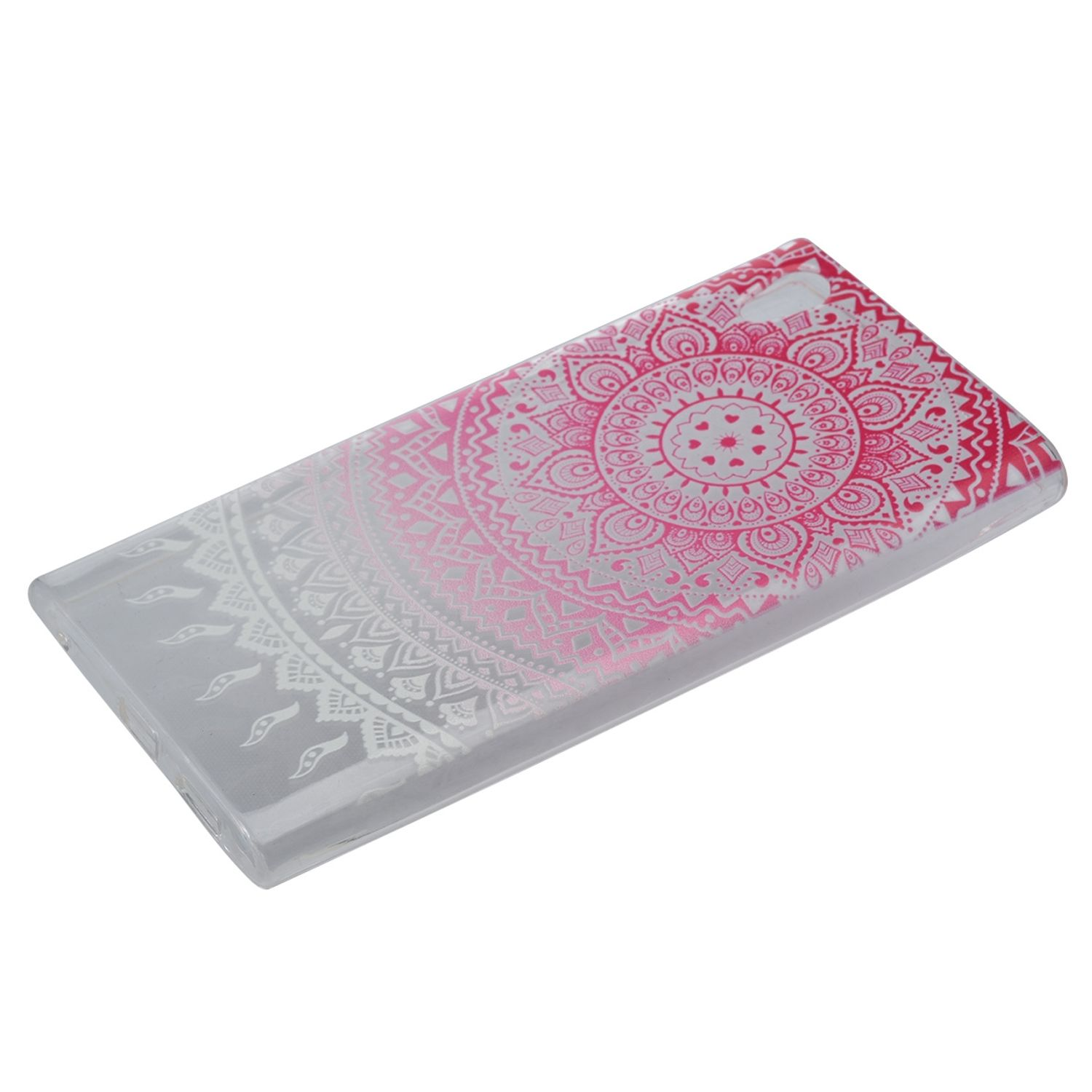 Handyhülle mit rosa und weißem Mandala-Design auf transparentem Hintergrund.
