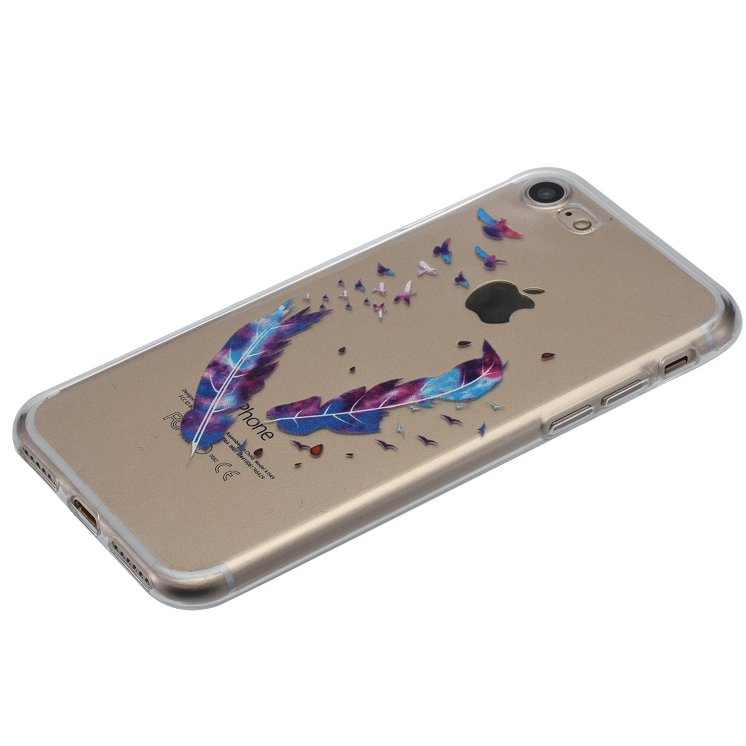 Eine transparente Handyhülle mit Feder- und Vogeldesign. Das Apple-Logo ist sichtbar.