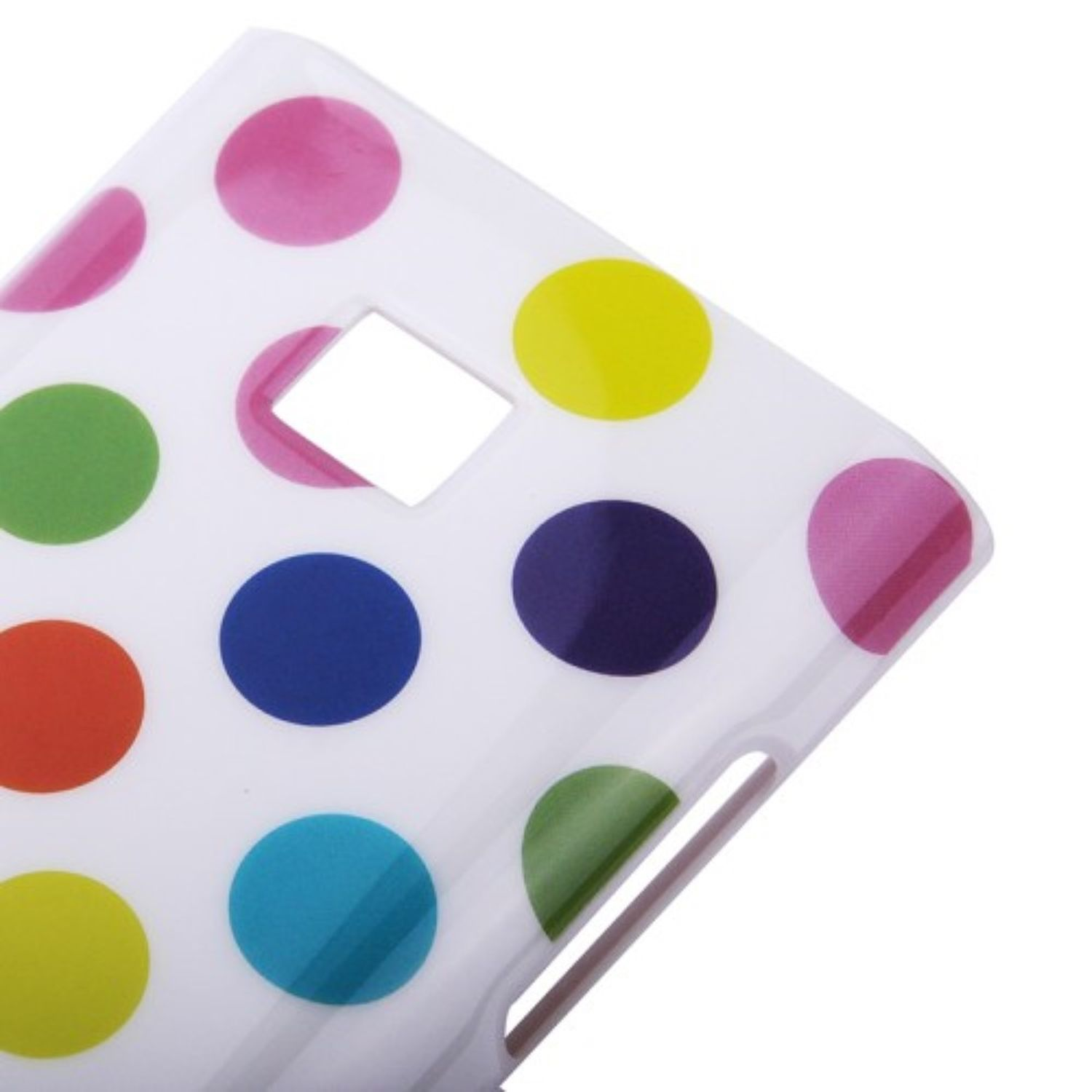 Weiße Handyhülle mit bunten Polka Dots auf weißem Untergrund.