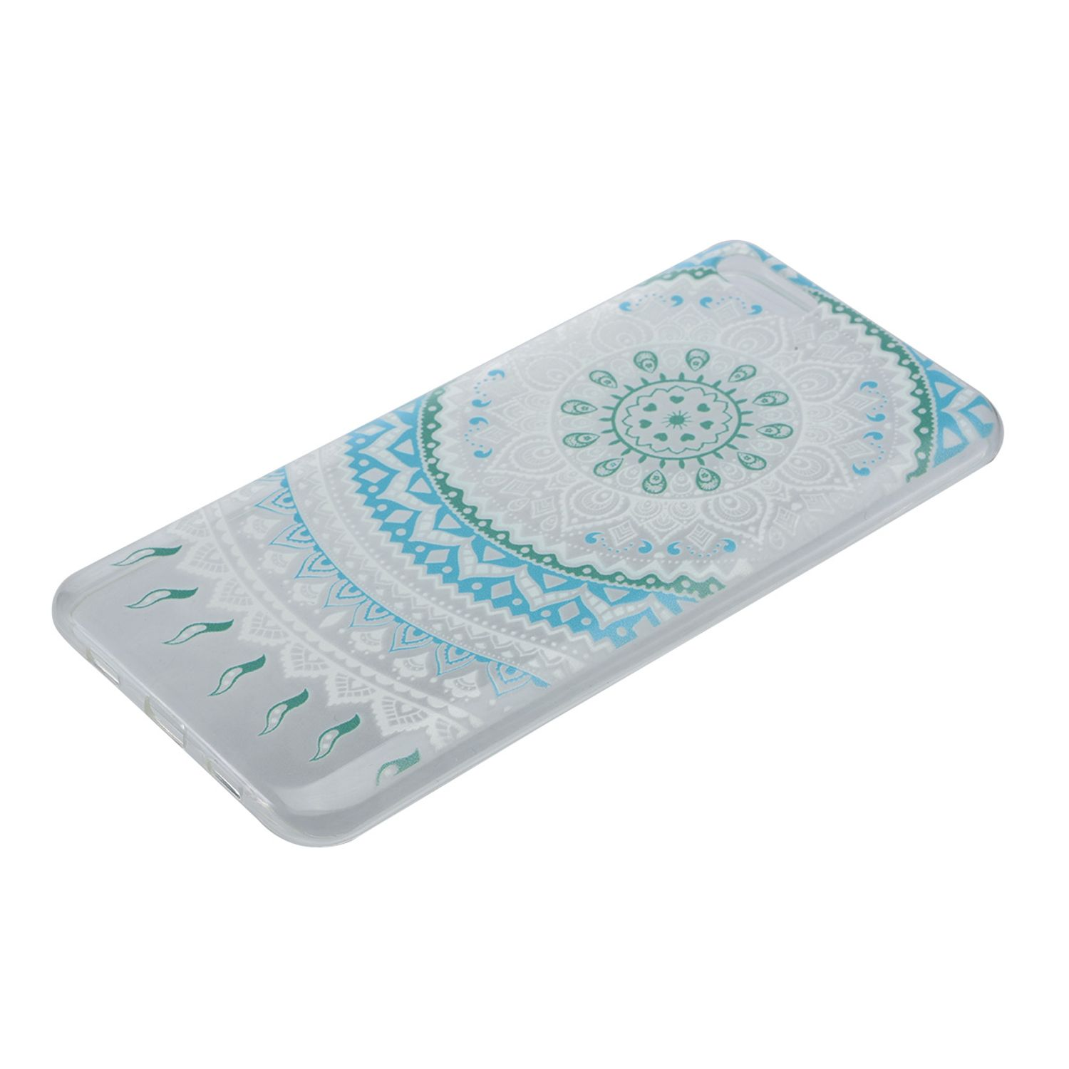 Transparente Handyhülle mit weißem, türkisfarbenem und hellblauem Mandala-Design.