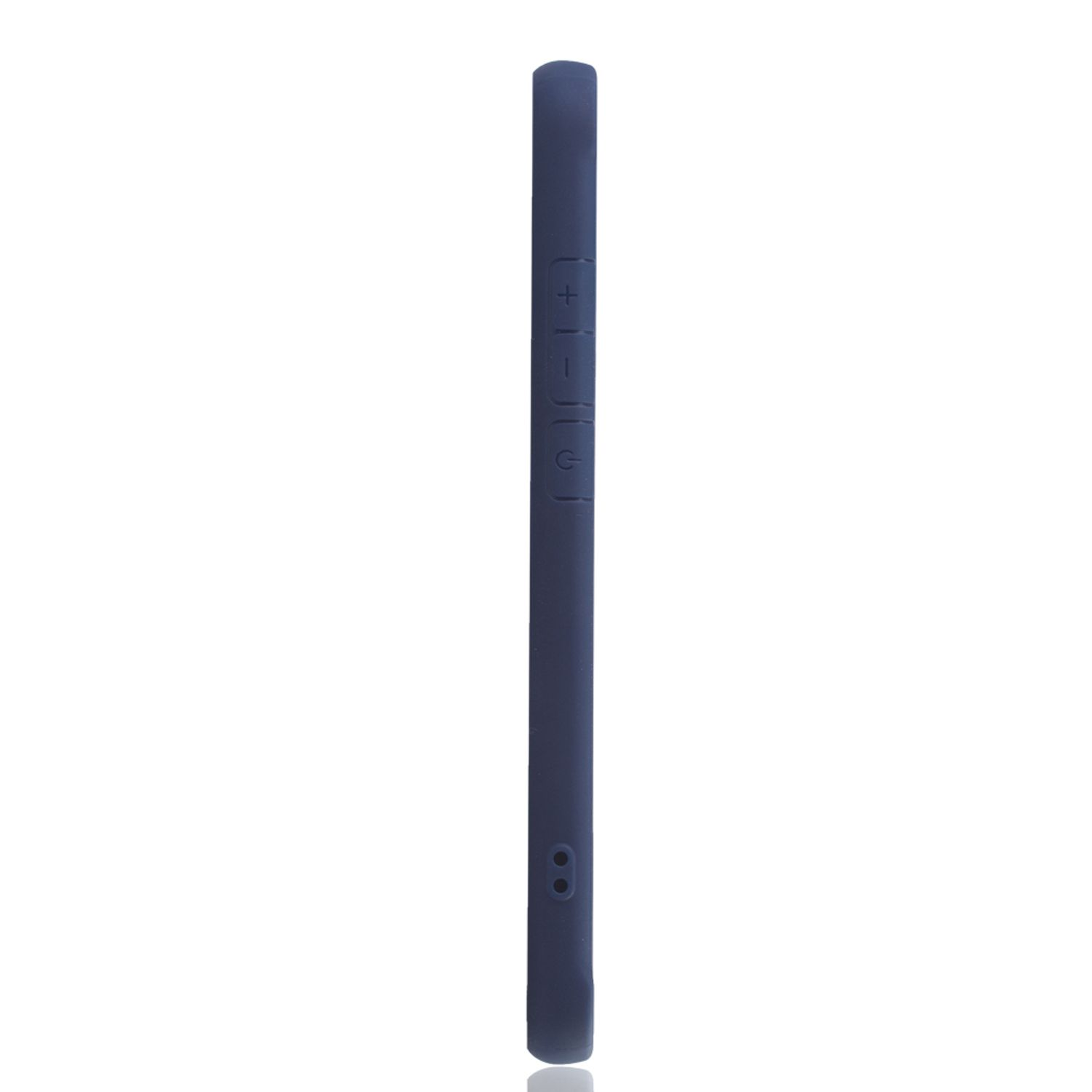 Blaue Handyhülle Seitenansicht. Die Knöpfe sind sichtbar.