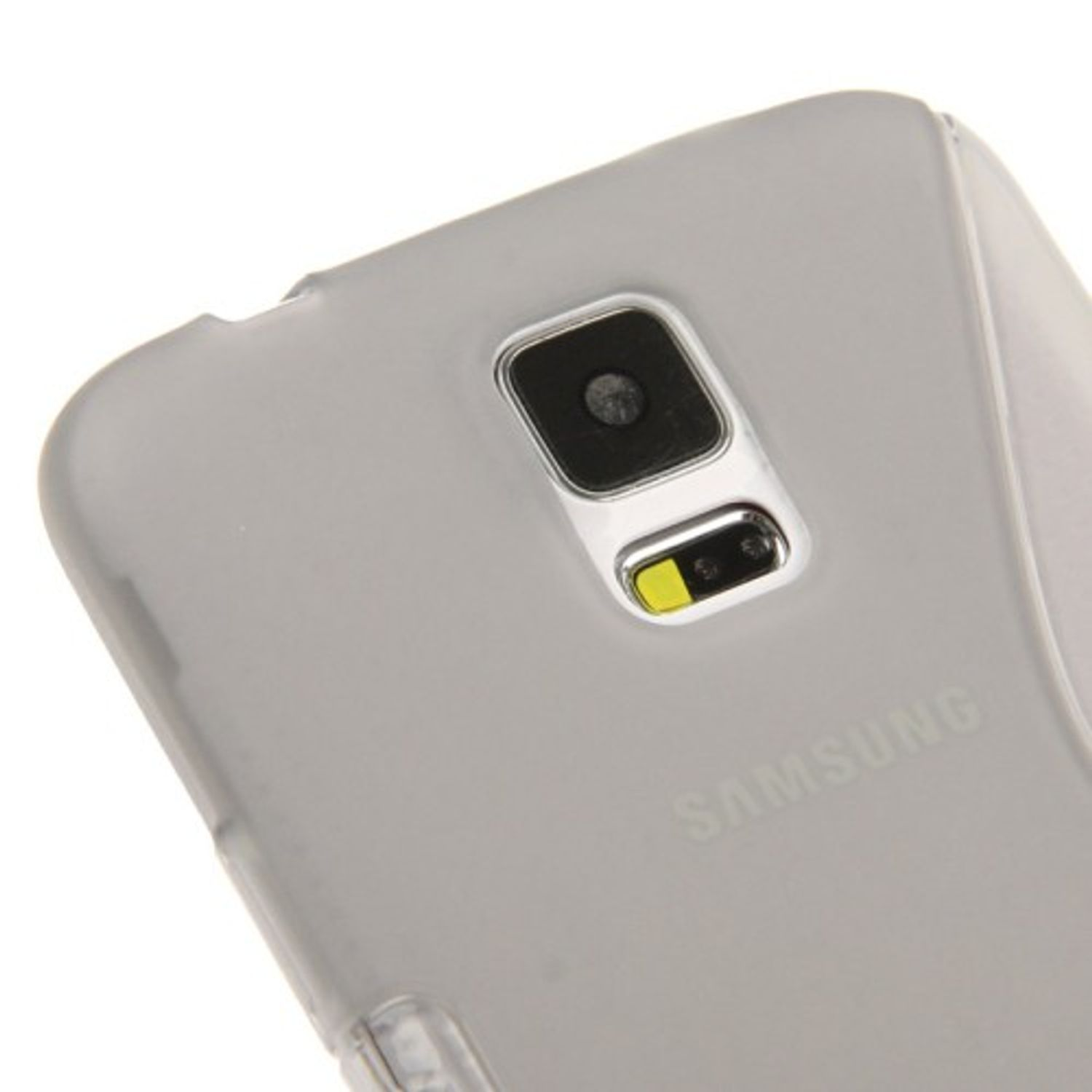 Die Rückseite einer durchsichtigen Handyhülle mit Kamera und Samsung-Logo. Die Kamera ist sichtbar.
