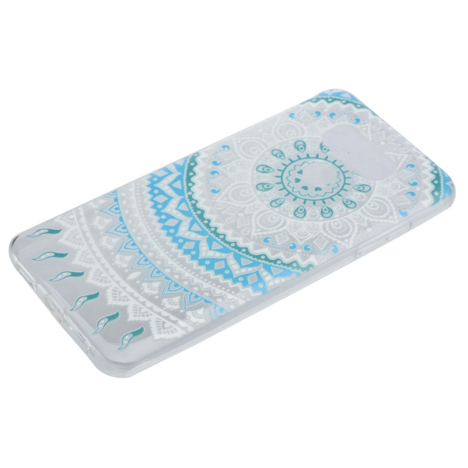 Eine transparente Handyhülle mit blauem und weißem Mandala-Design auf weißem Hintergrund.