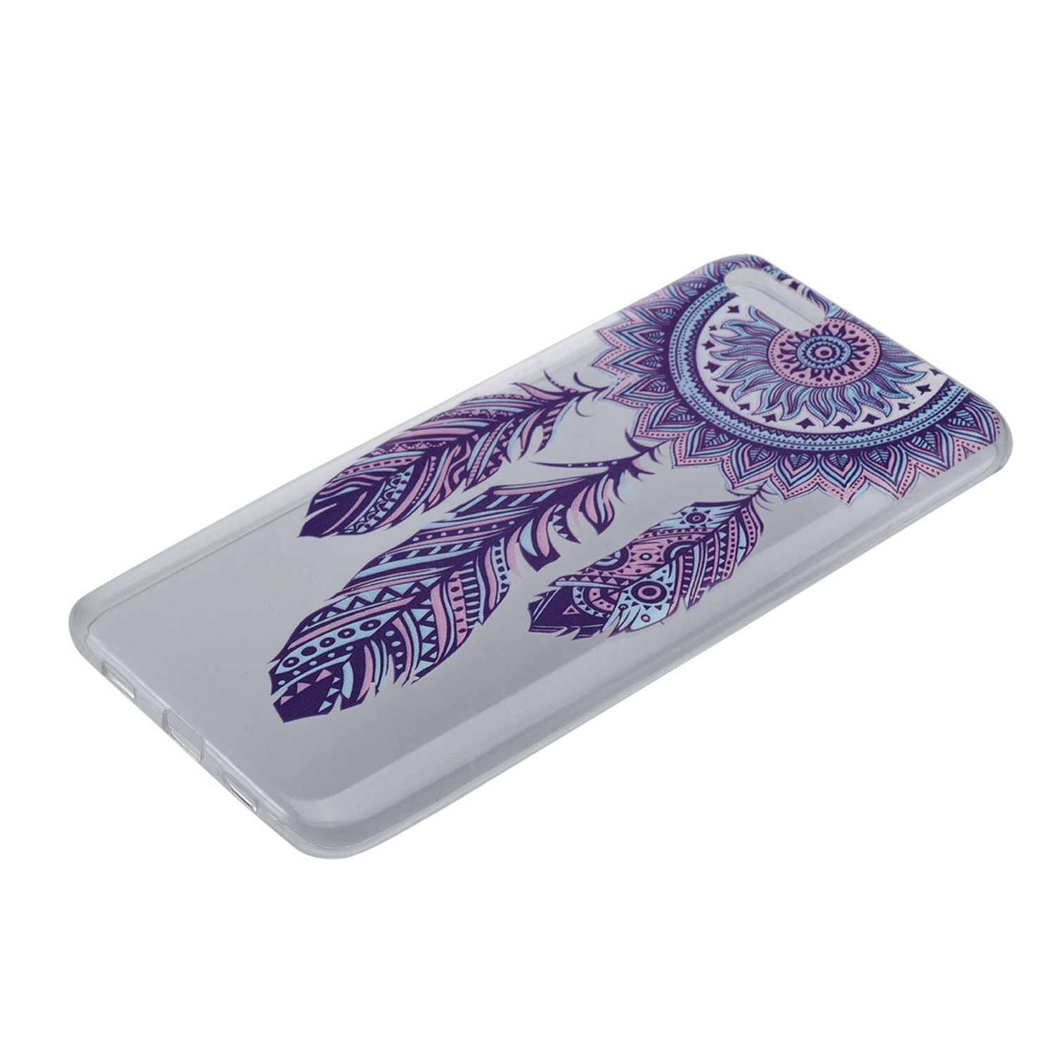 Eine Handyhülle auf weißem Untergrund. Verziert mit Federn und Mandala-Designs in Lila- und Rosatönen.