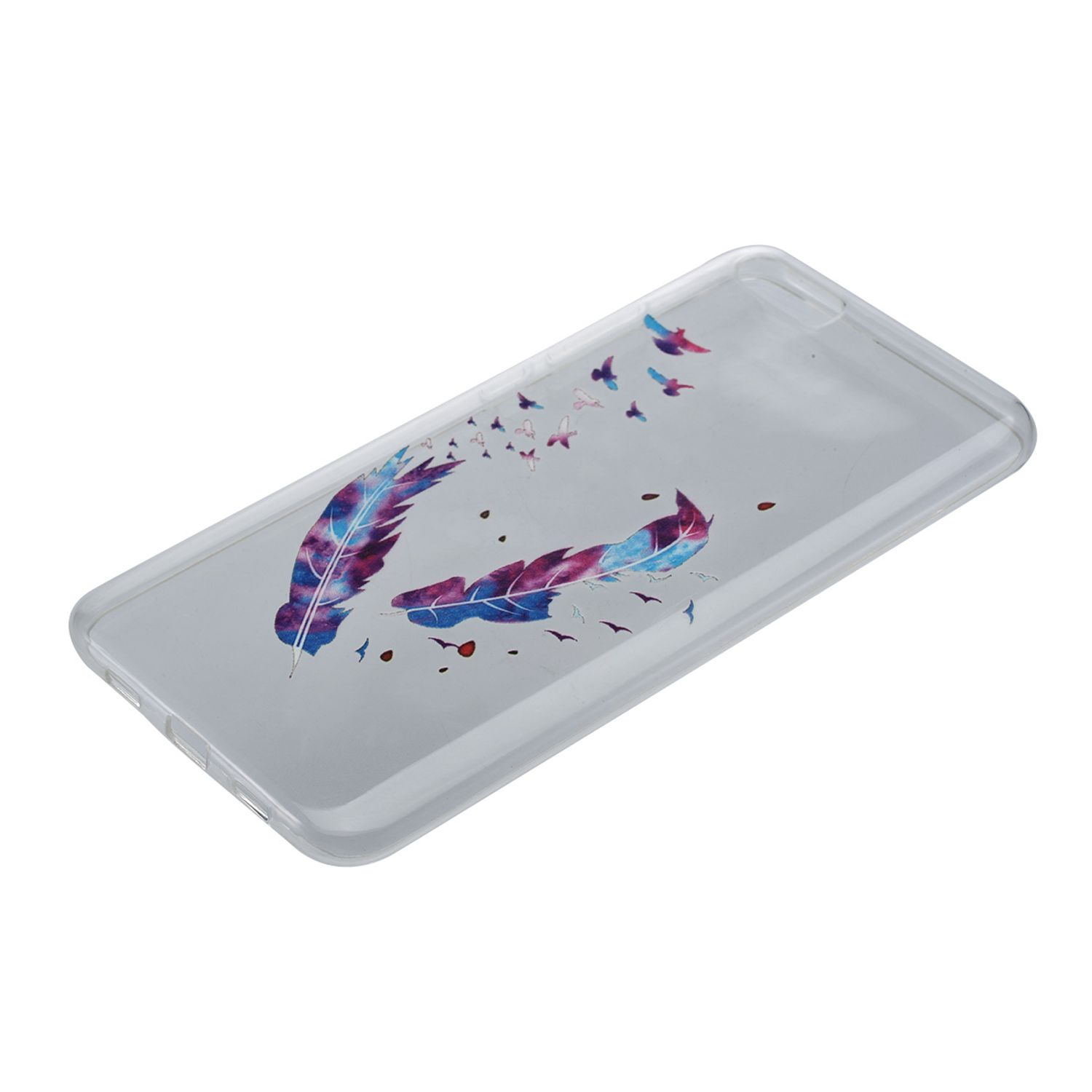 Transparente Handyhülle mit Feder- und Vogeldesign. Angesichtete Ansicht auf weißem Hintergrund.