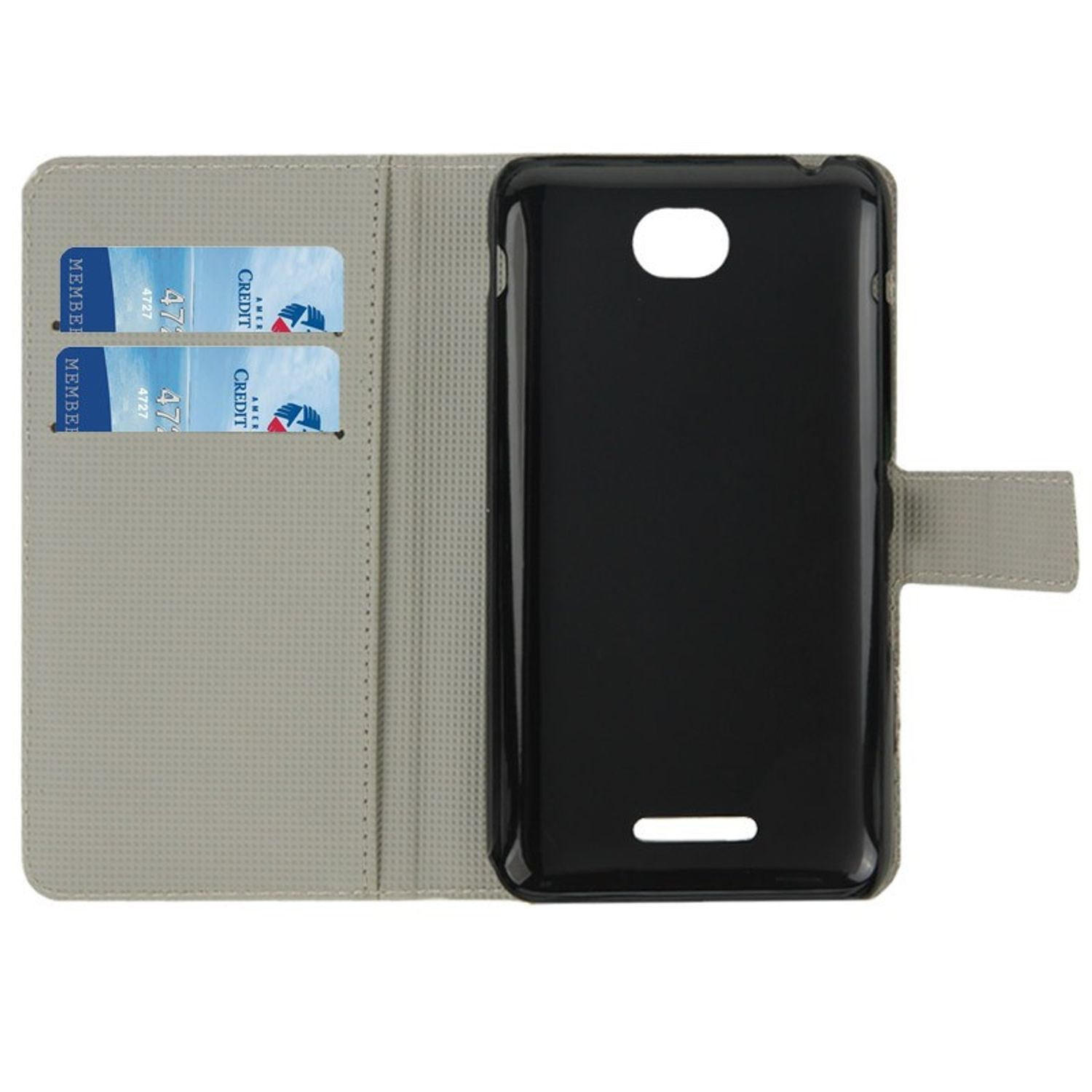 Graues Brieftaschen-Handy-Case mit Karten. Schwarze Handy-Hülle ist rechts.