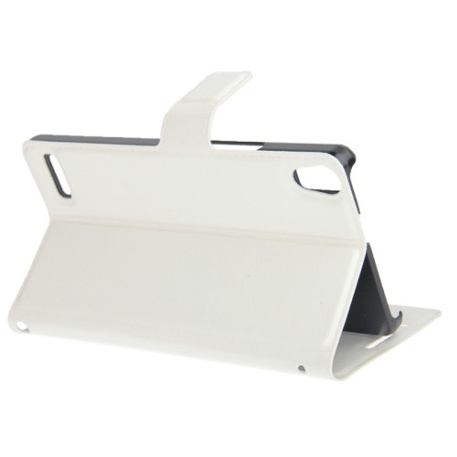 Weißes Handycase in Standposition. Das Case hat ein schwarzes Innenleben und eine erhöhte Klappe.