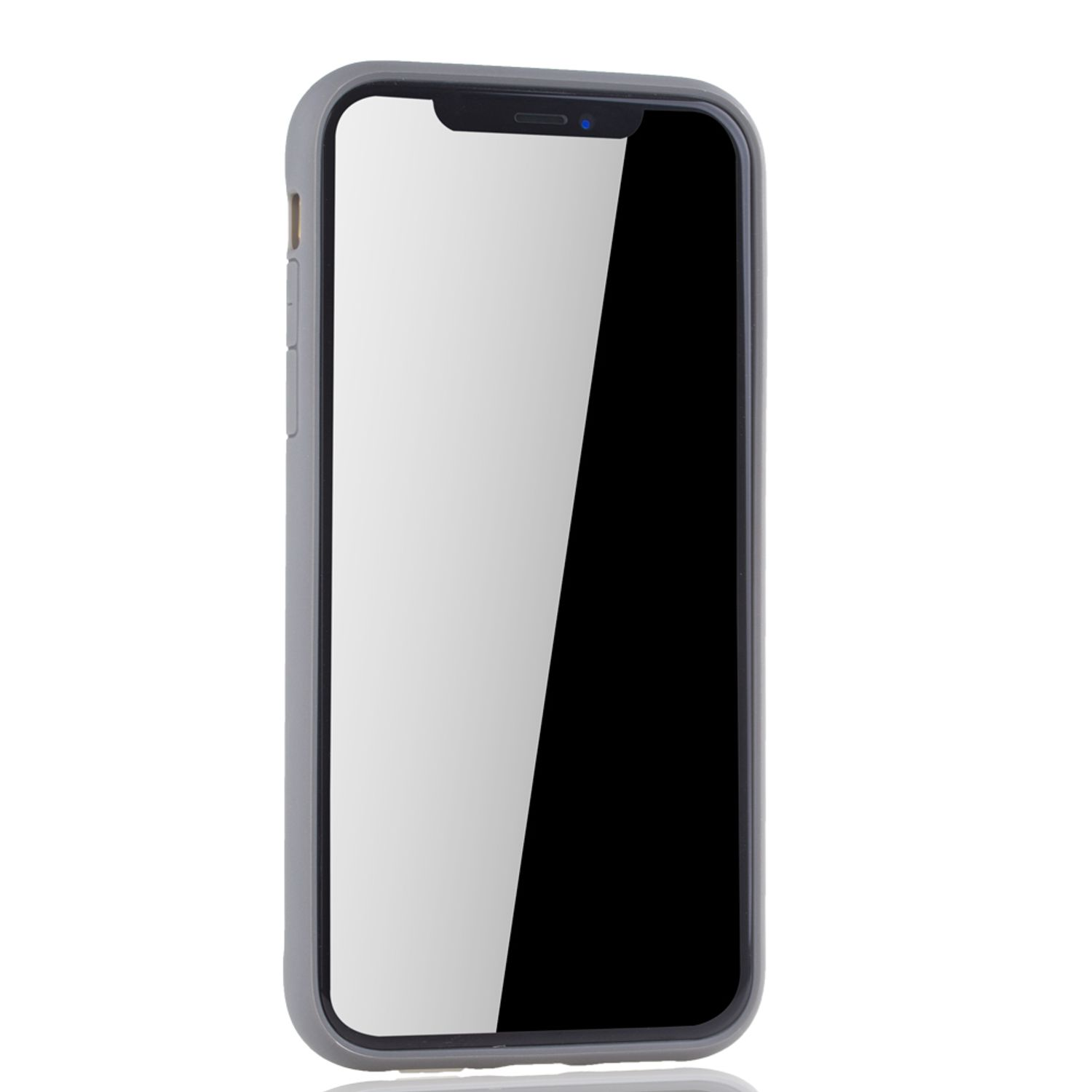 Ein hellgraues Telefon mit schwarzem Bildschirm und grauem Gehäuse auf weißer Oberfläche.