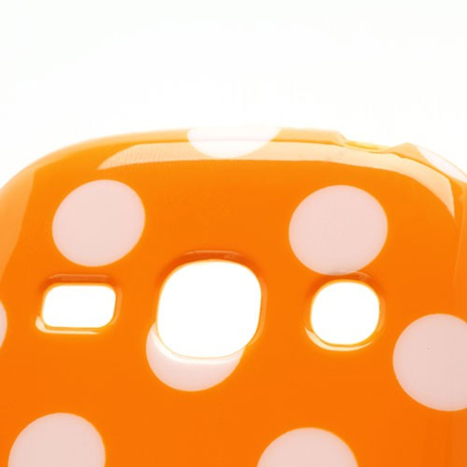 Nahaufnahme einer orangefarbenen Handyhülle mit weißen Punkten.