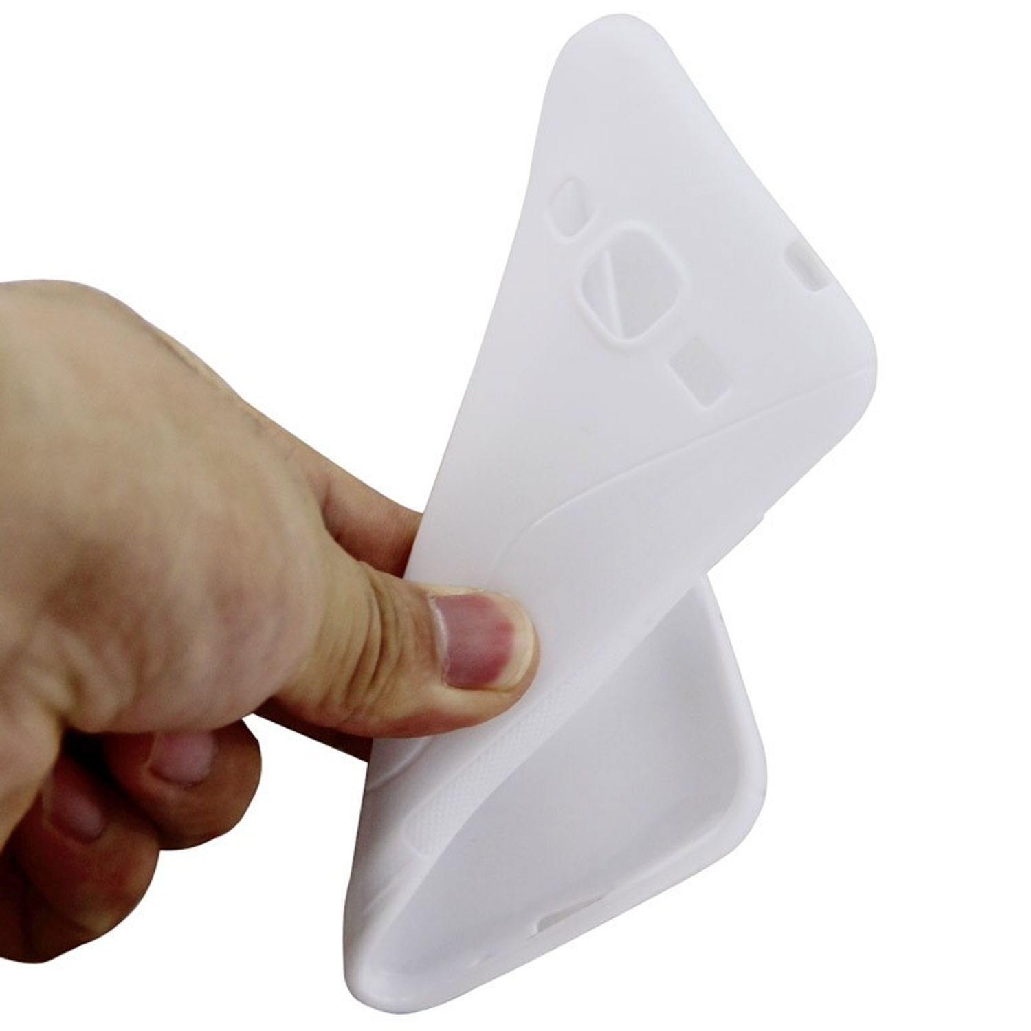 Hand hält eine weiße Handyhülle, die offen gebogen ist.
