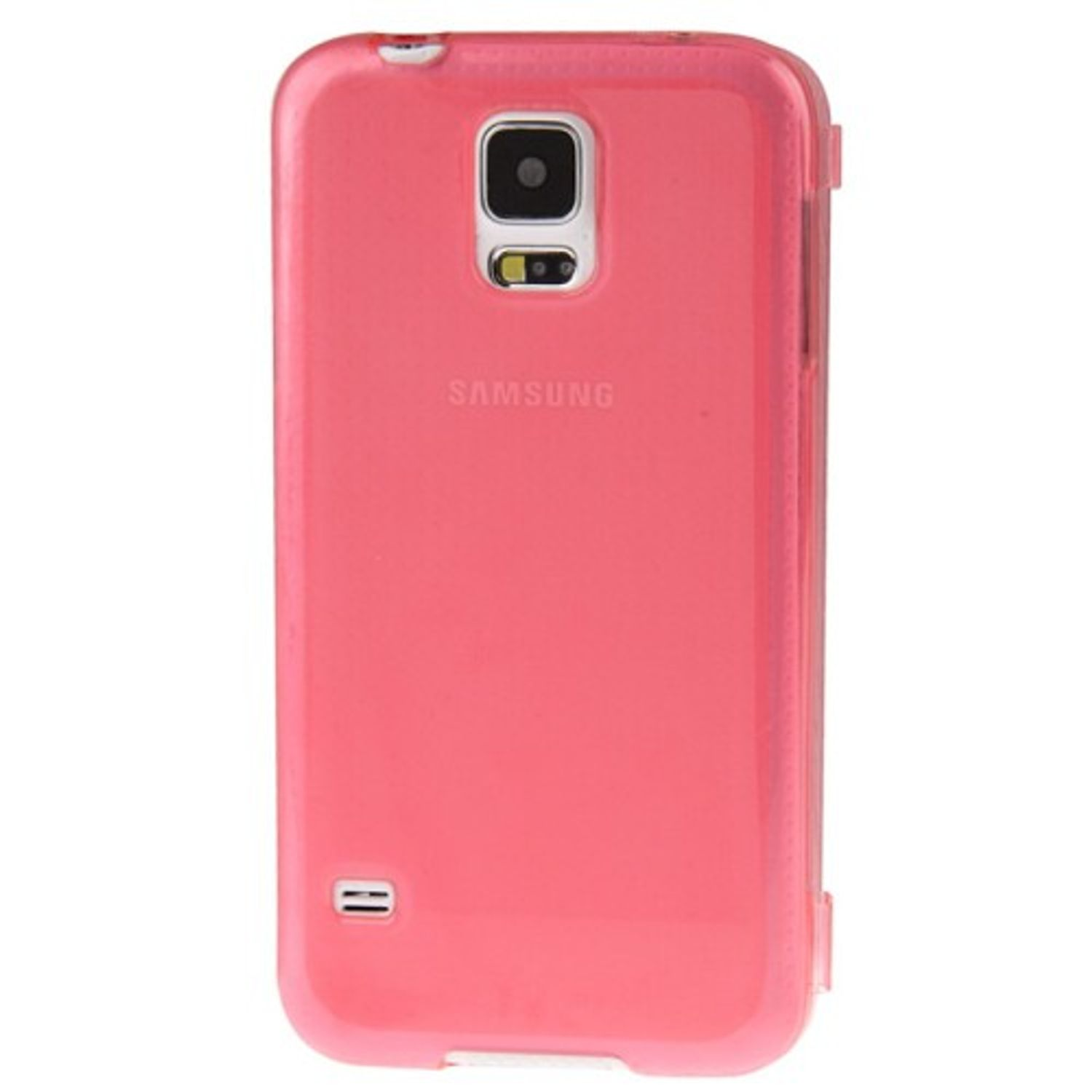 Eine pinkfarbene Samsung-Handyhülle auf weißer Oberfläche. Die Hülle hat Kamera- und Knopfausschnitte.