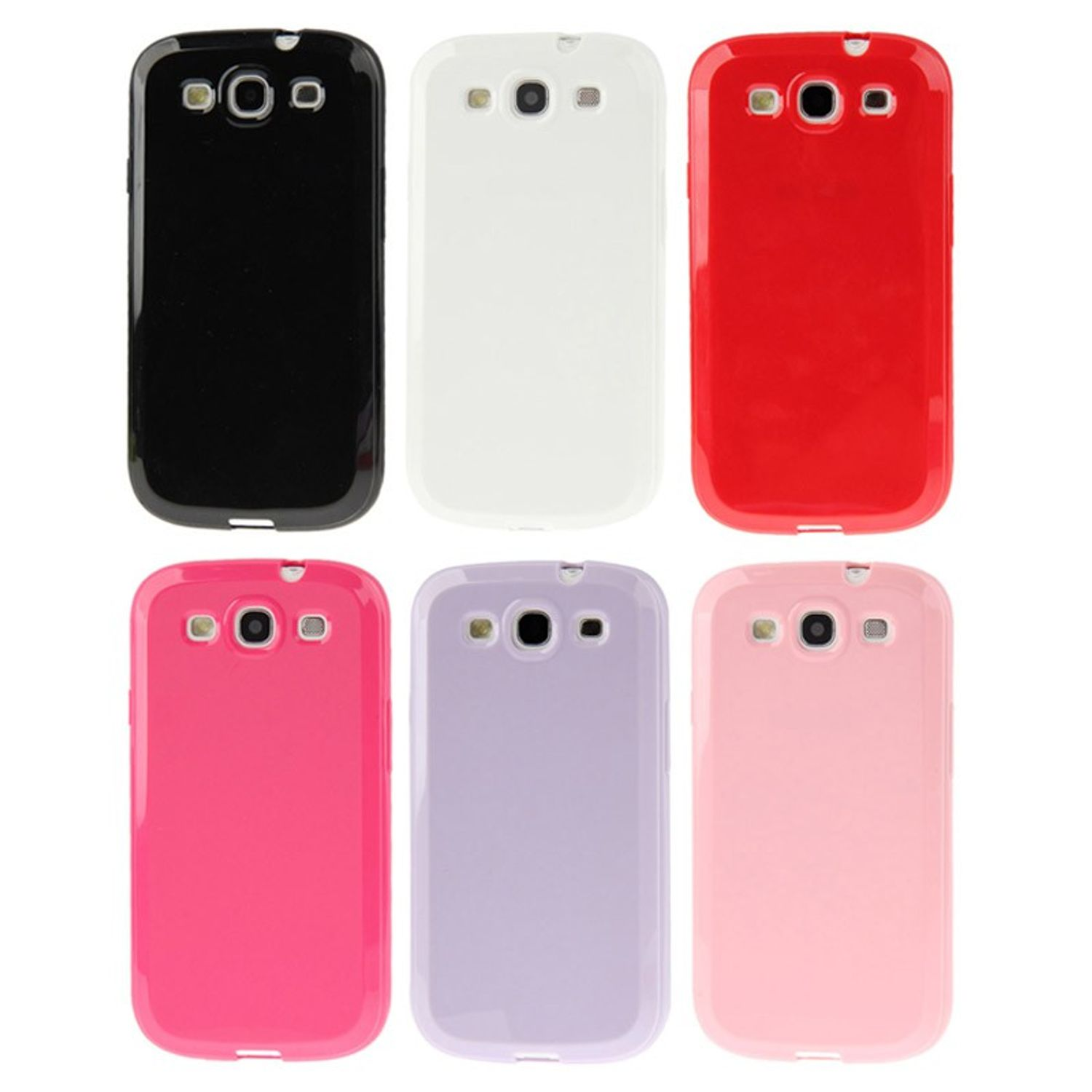 Sechs Handyhüllen in verschiedenen Farben: Schwarz, Weiß, Rot, Rosa, Lila und Hellrosa, auf weißer Oberfläche.