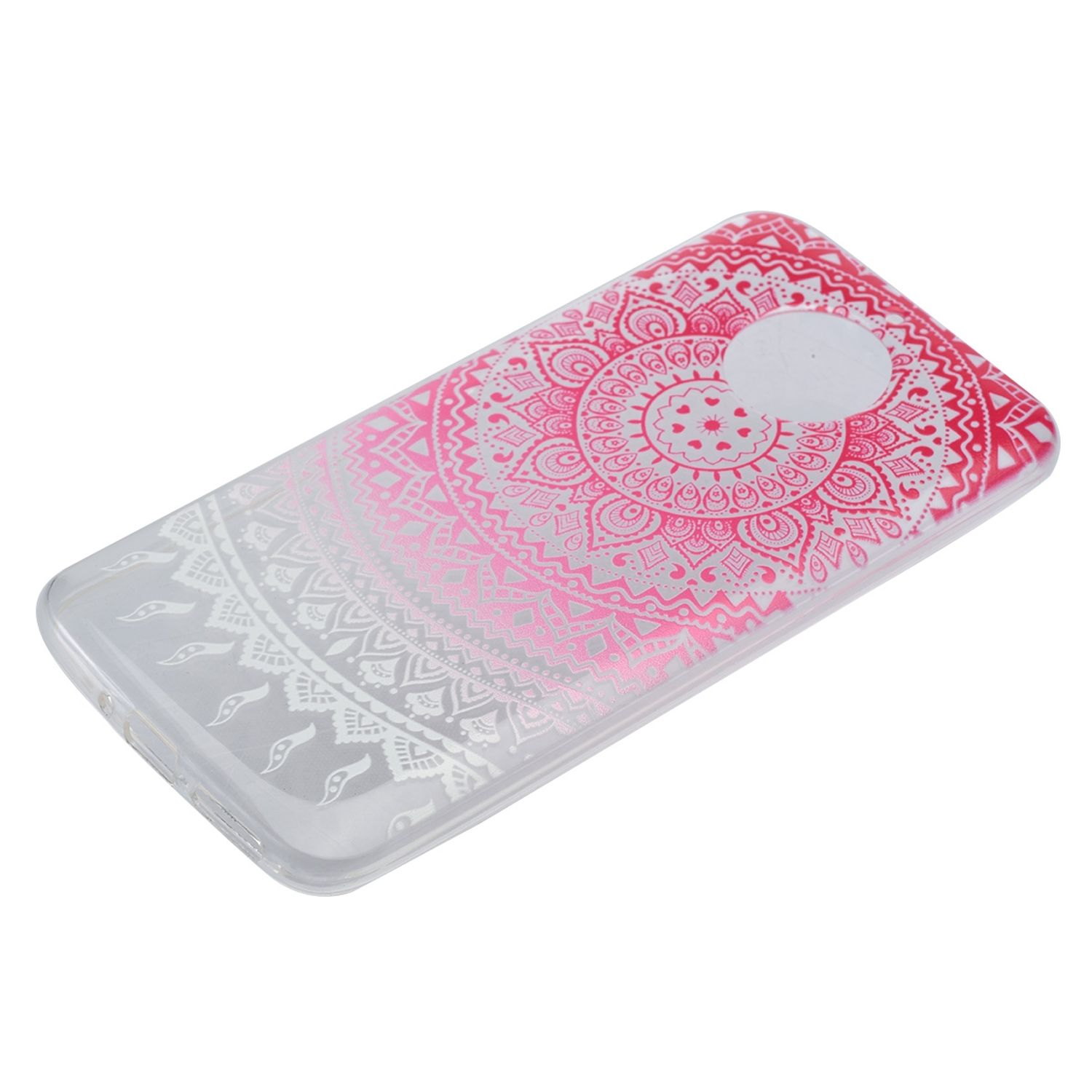 Eine Smartphone-Hülle mit einem rosa und weißen Mandala-Design auf weißem Hintergrund.