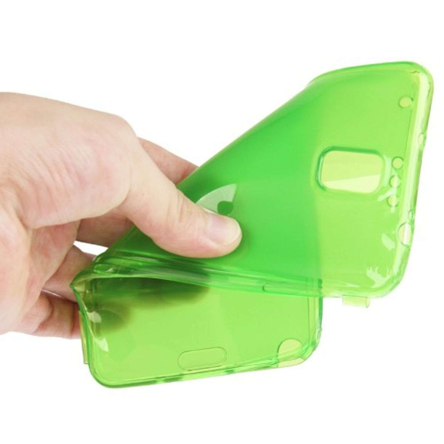 Hand hält transparente grüne Handyhülle, abgewinkelt, zeigt Innendetails.