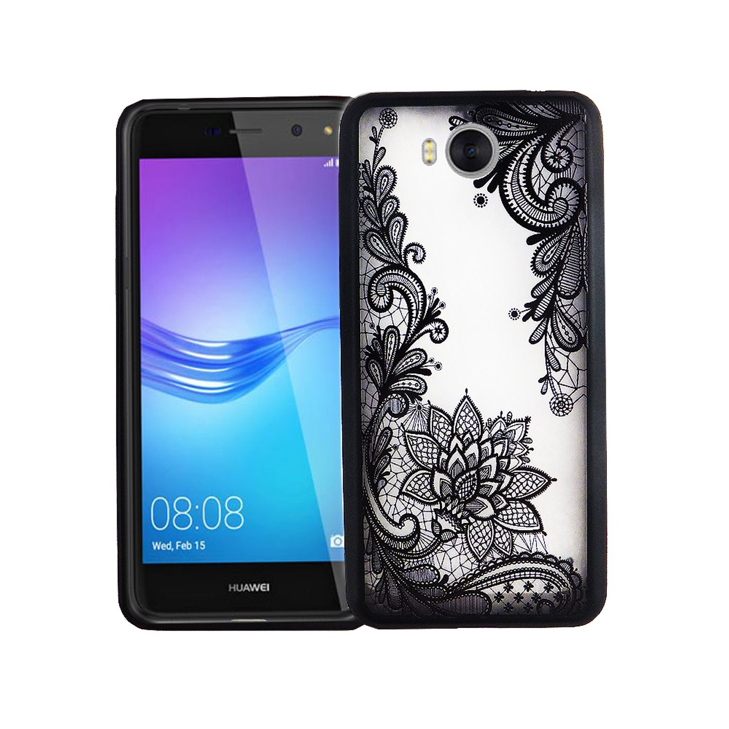 Schwarzes Telefon neben einer Handyhülle mit floralem Design.