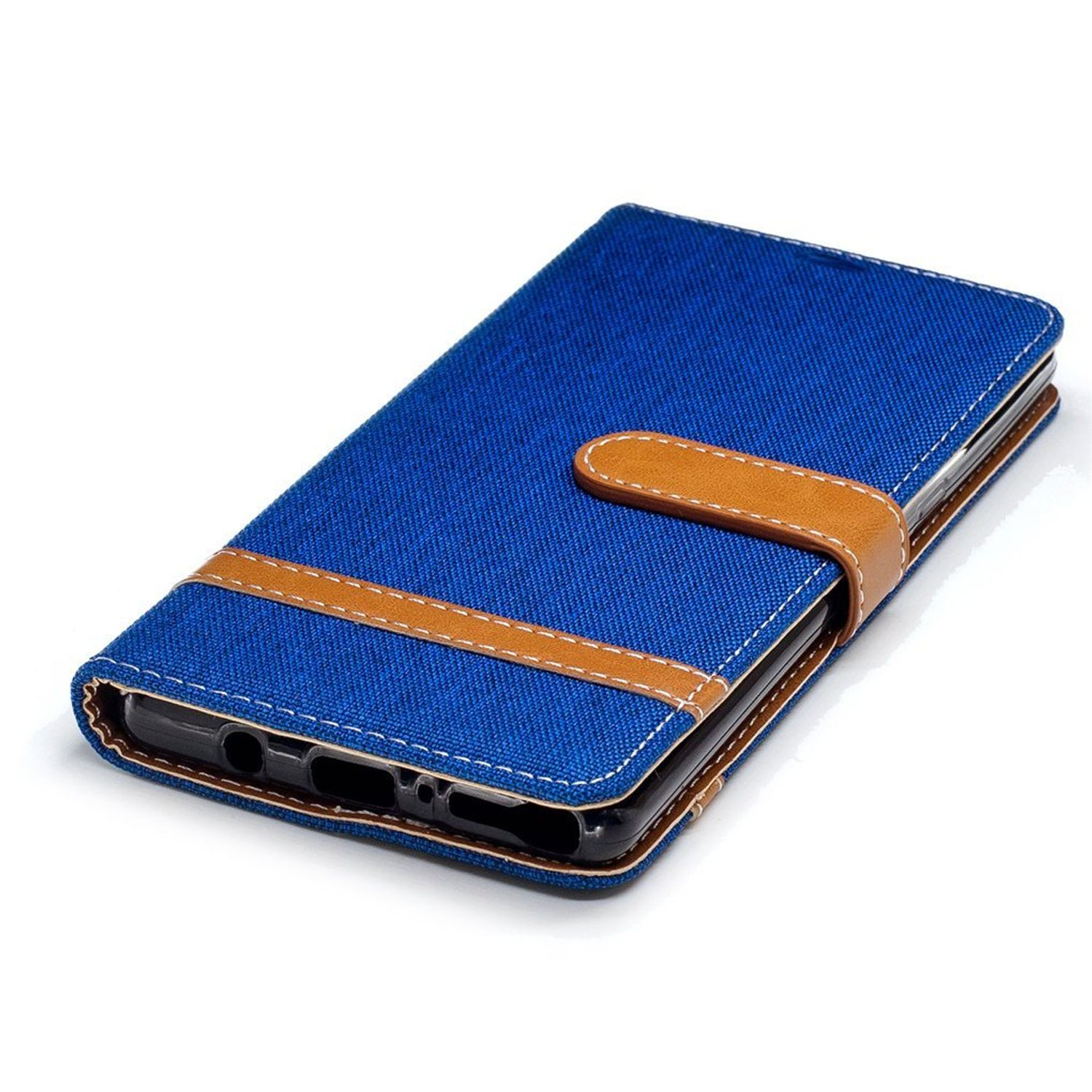 Ein blaues Handy-Etui ist geschlossen. Die Hülle hat einen braunen Riemen mit weißen Nähten.