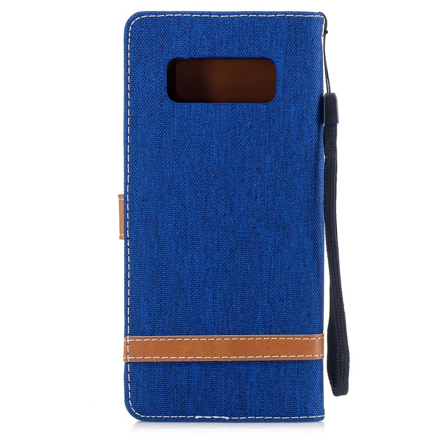 Eine blaue Handyhülle mit einem braunen Streifen und einer Handschlaufe.