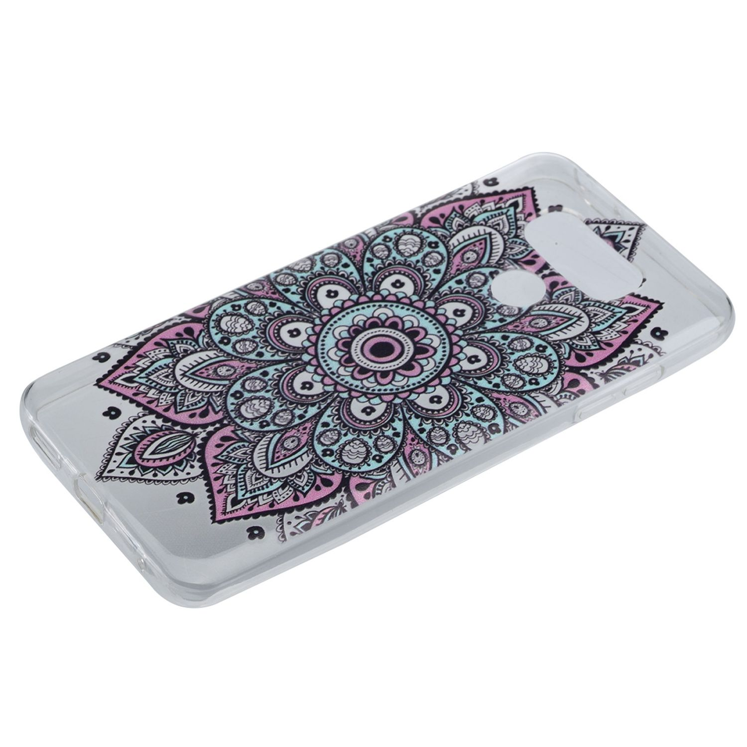 Eine transparente Handyhülle mit einem Mandala-Design.