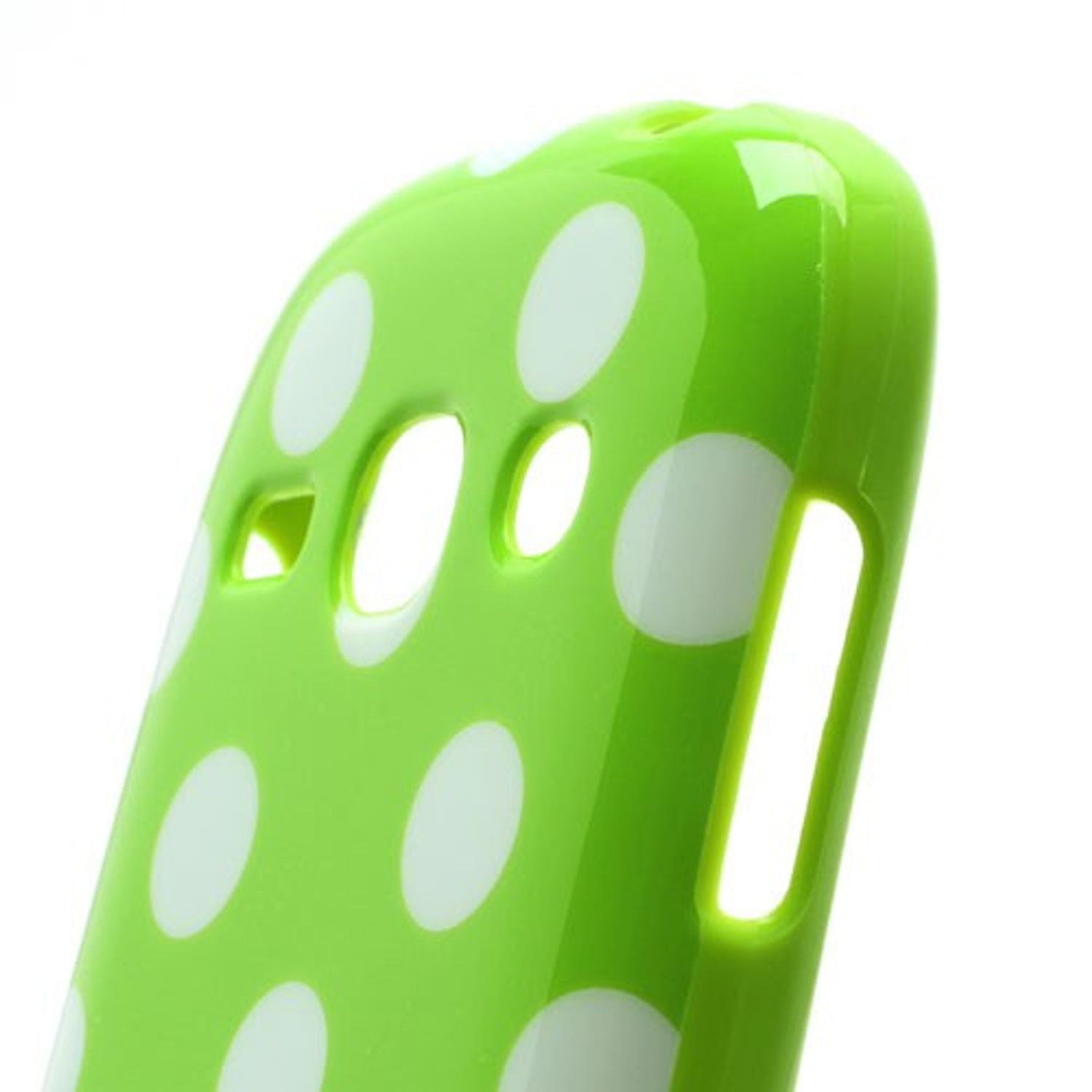 Grüne Handyhülle mit weißen Polka Dots. Aussparungen sichtbar.