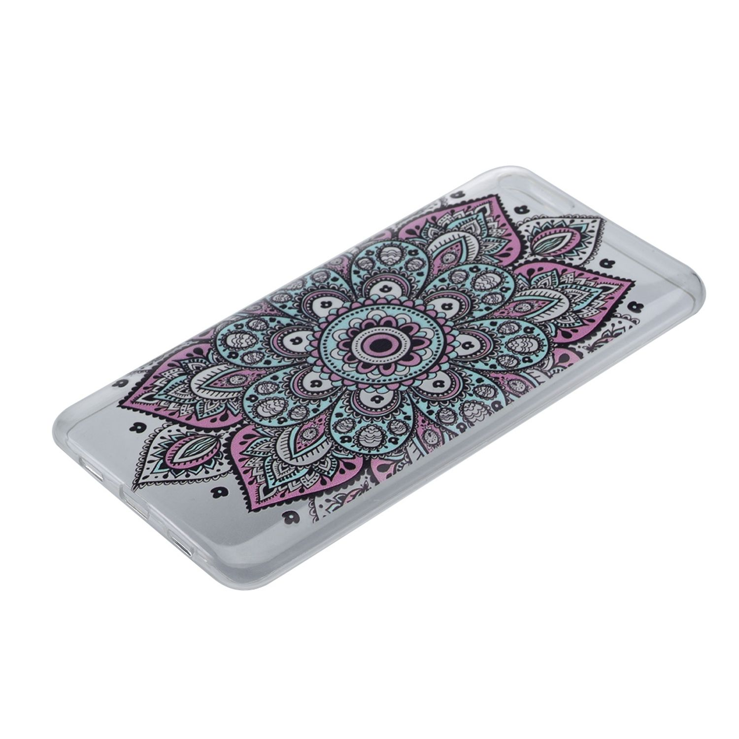 Handyhülle mit Mandala-Design. Die Hülle ist transparent mit einem rosa, blauen und türkisfarbenen Blumenmuster auf der Rückseite.