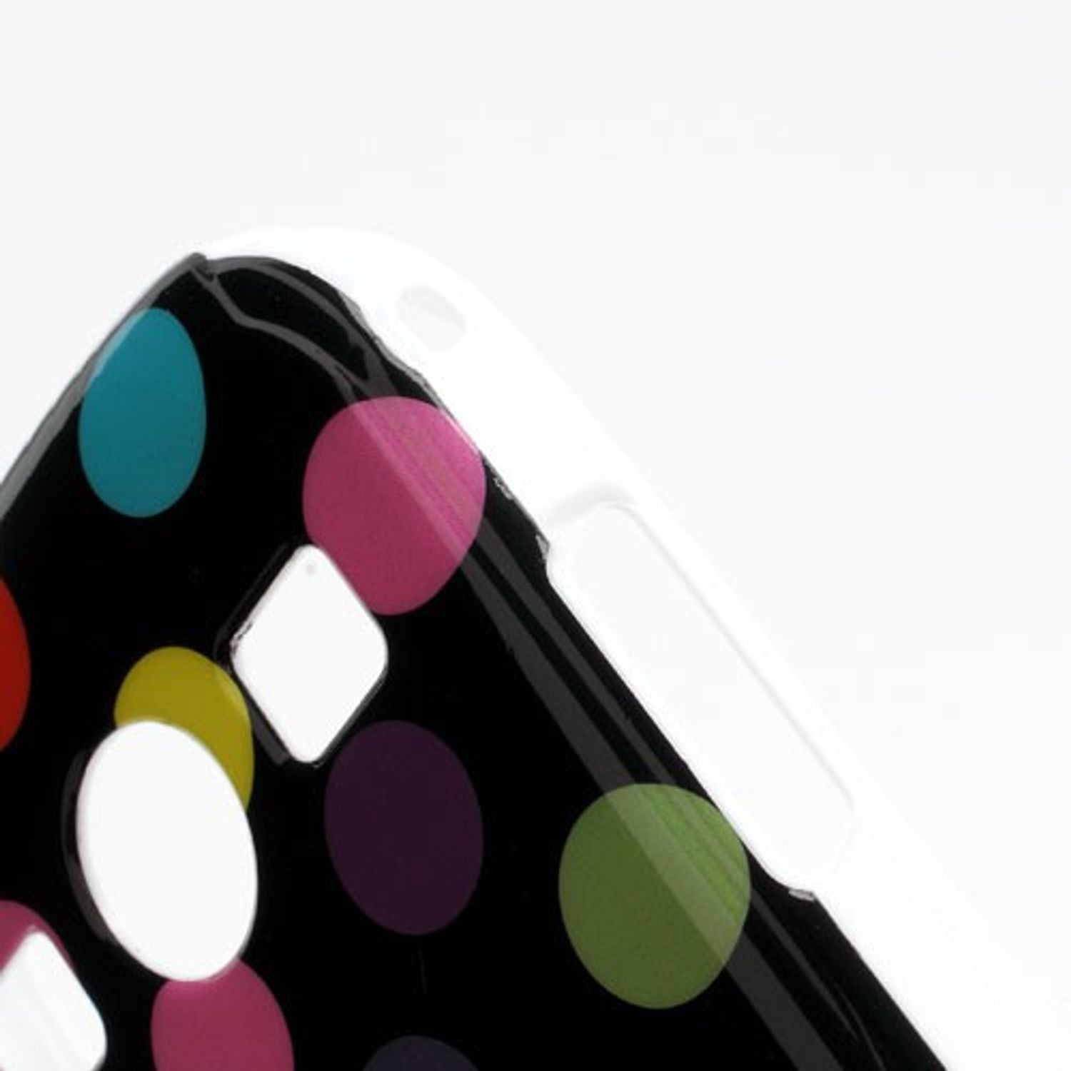 Schwarze Handyhülle mit bunten Polka Dots, weißem Rand und Löchern.