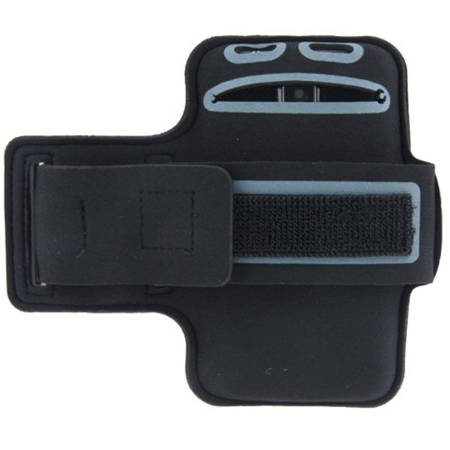 Schwarze Telefon-Armbinde mit grauen Akzenten: Klettverschluss, Telefonhalter und Öffnungen für Kopfhörer und Kamera.