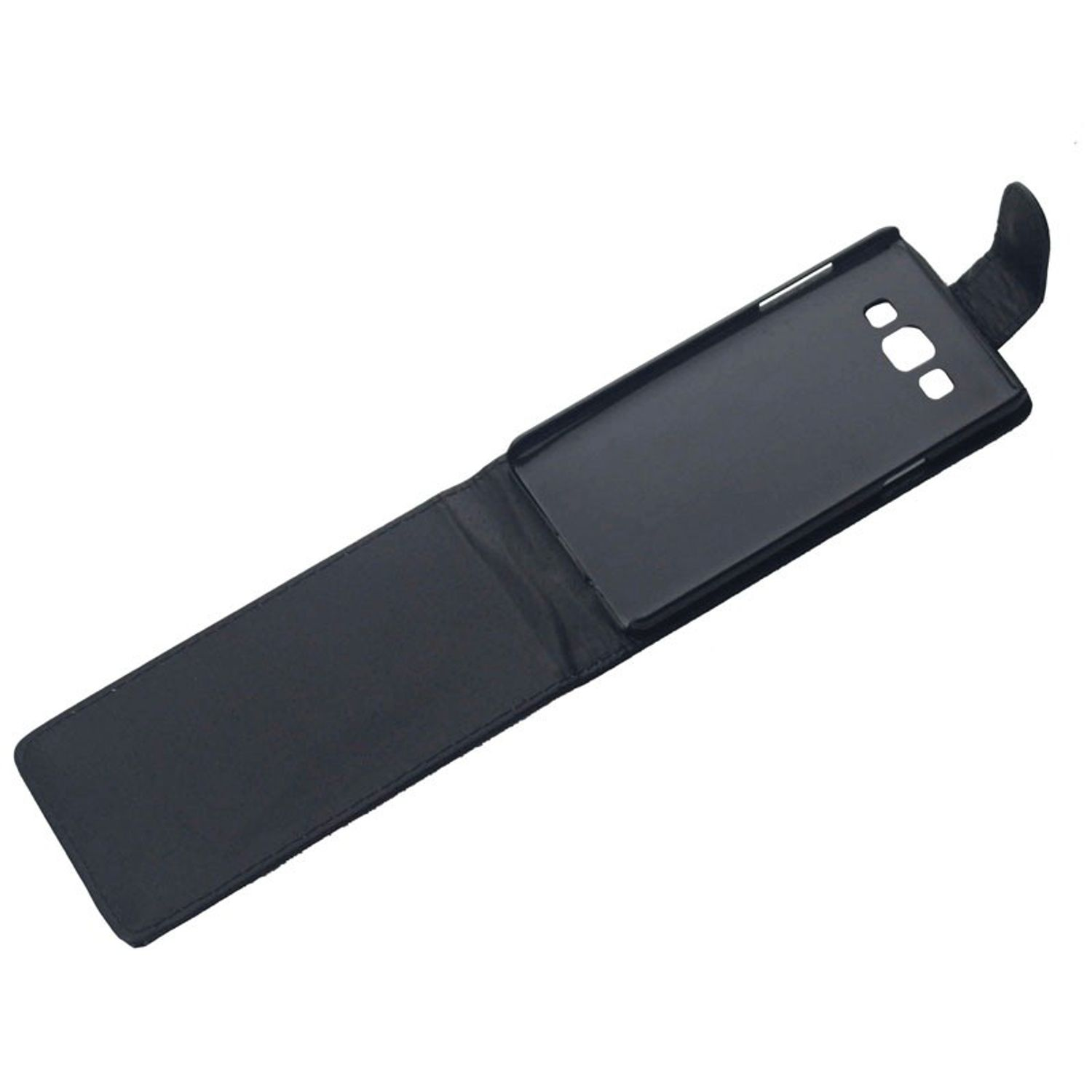 Schwarze Handyhülle mit Telefon darin. Die Hülle ist offen und einsatzbereit.