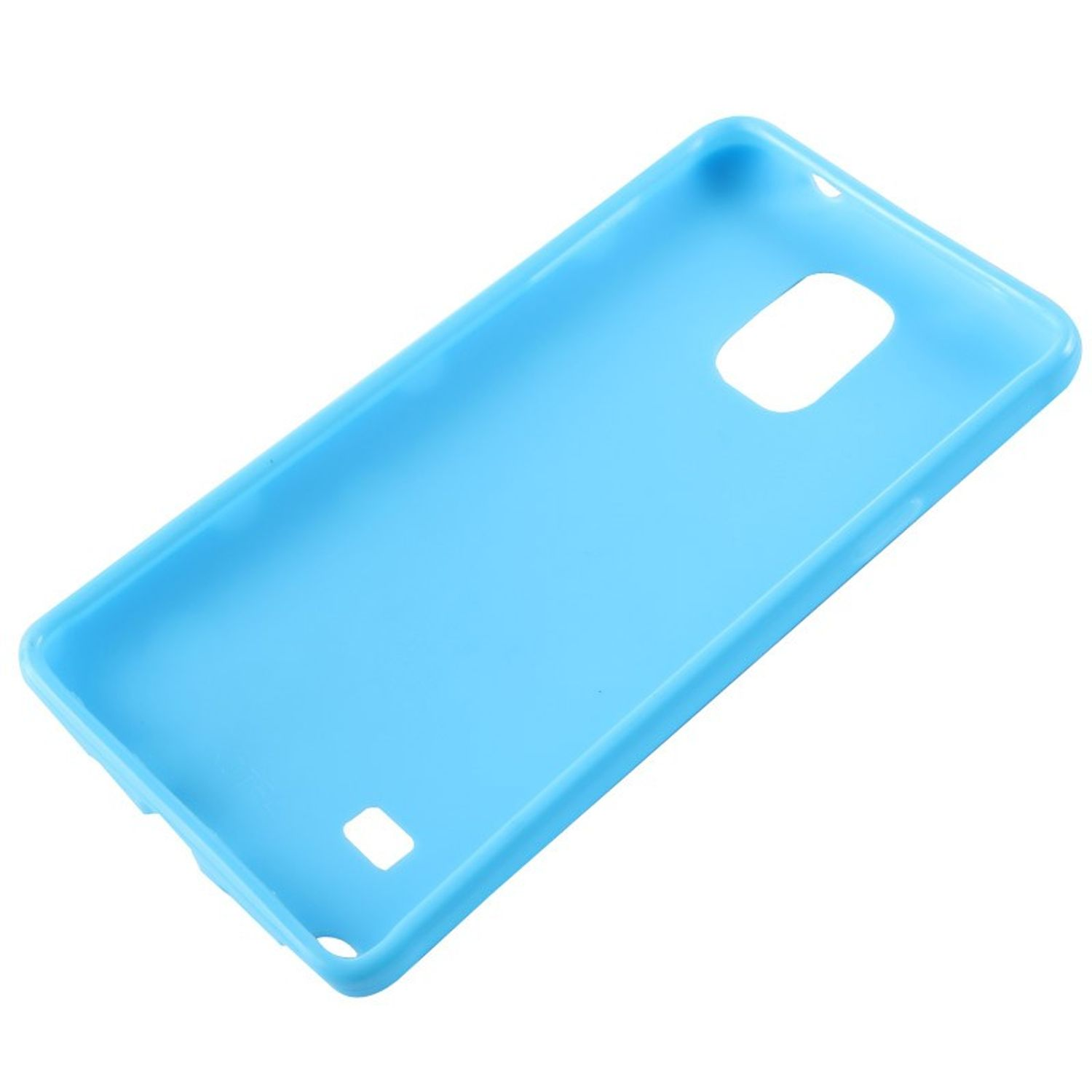 Eine blaue Handyhülle. Die Hülle liegt auf einer weißen Oberfläche. Sie hat eine rechteckige Form.