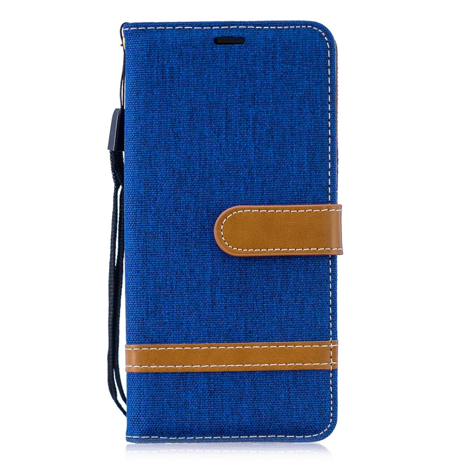 Eine blaue Handyhülle mit braunen Akzenten und einer Handschlaufe.